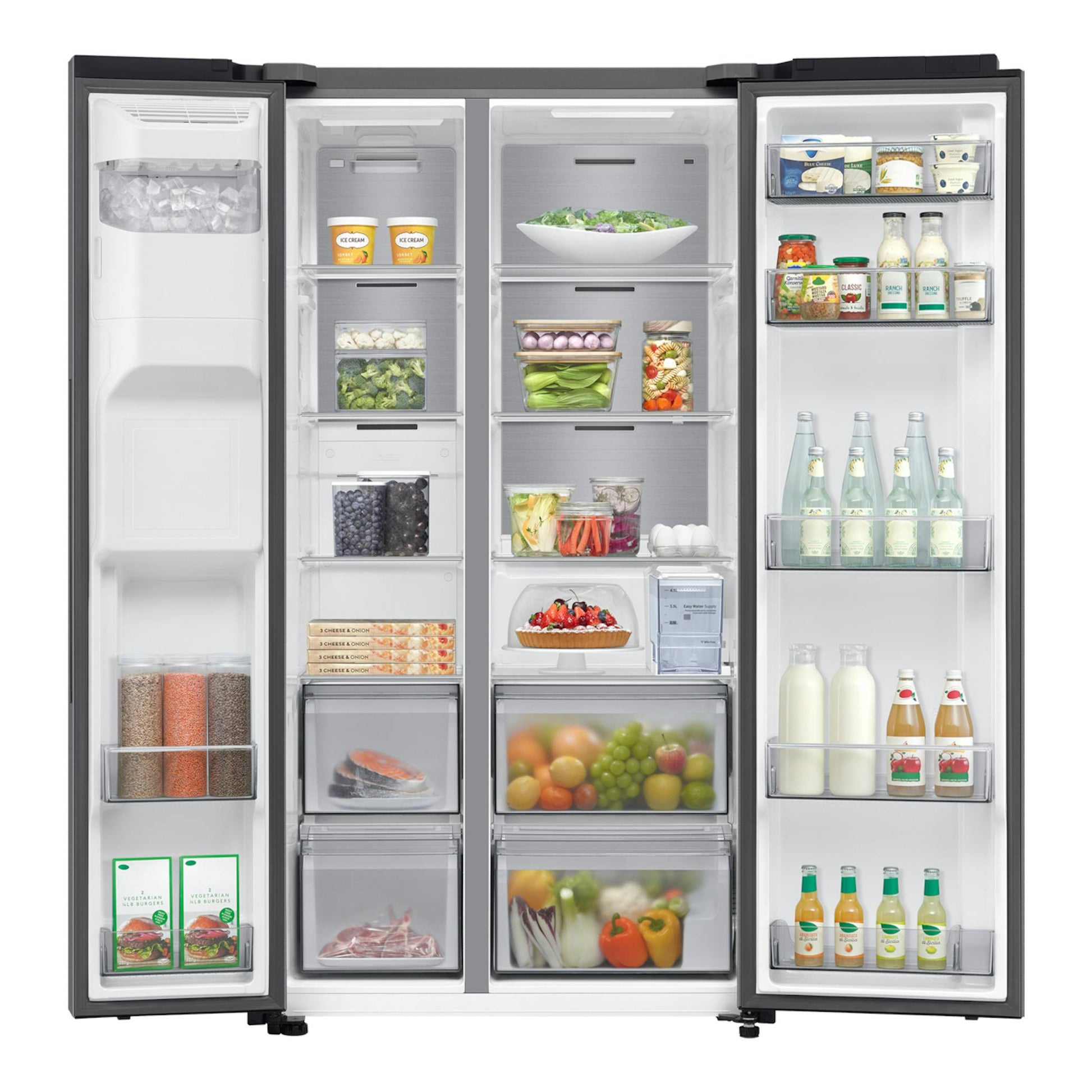 Frigorífico americano Samsung RS70F65KDTEF inox, vista frontal con puertas abiertas y compartimentos visibles.