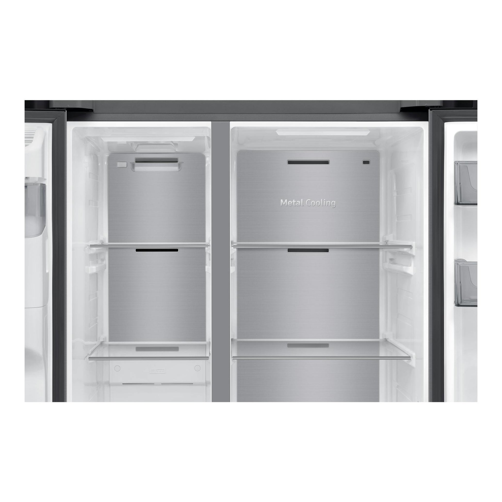 Frigorífico americano Samsung RS70F65KDTEF en inox, vista frontal interior con puertas abiertas.