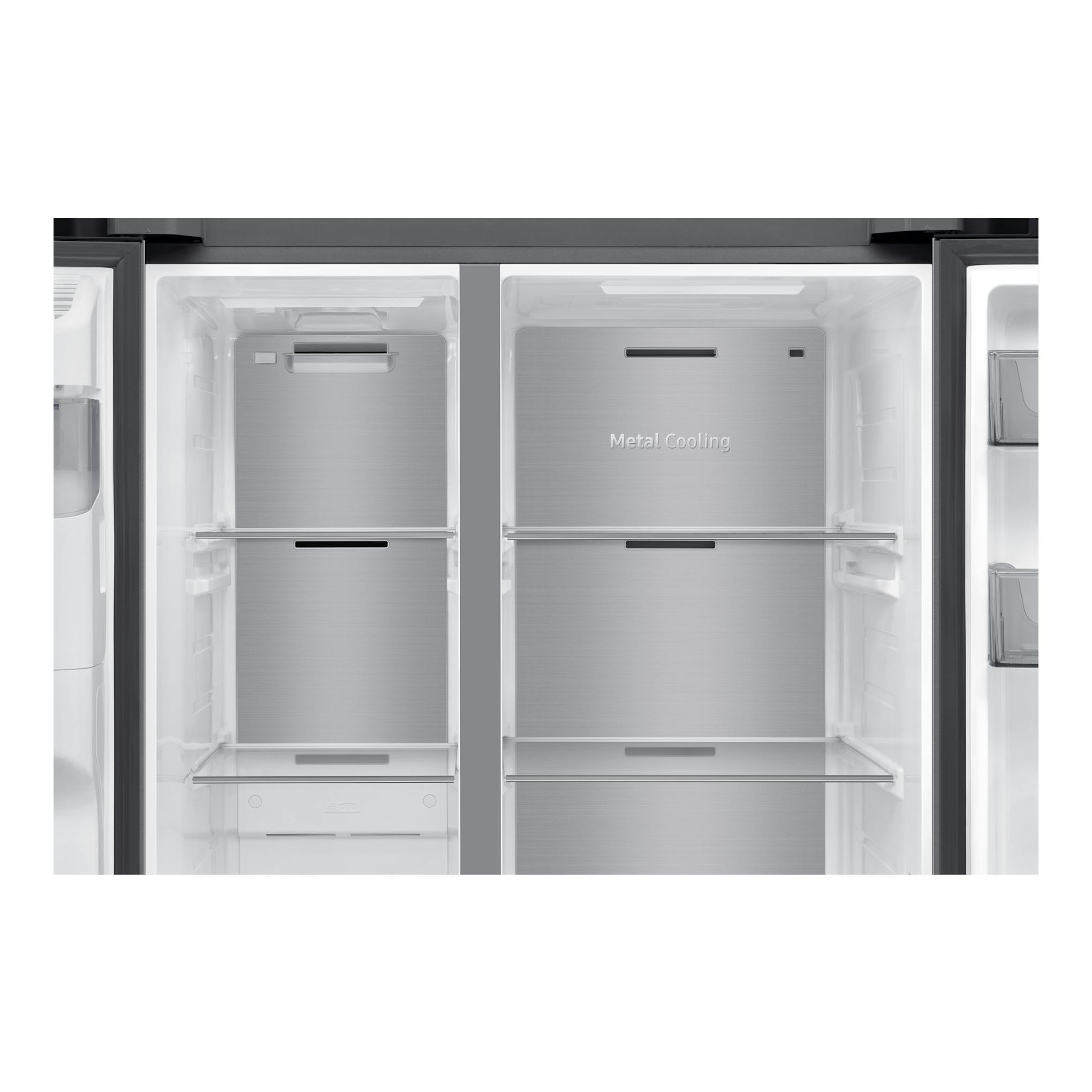 Frigorífico americano Samsung RS70F65KDTEF en inox, vista frontal interior con puertas abiertas.