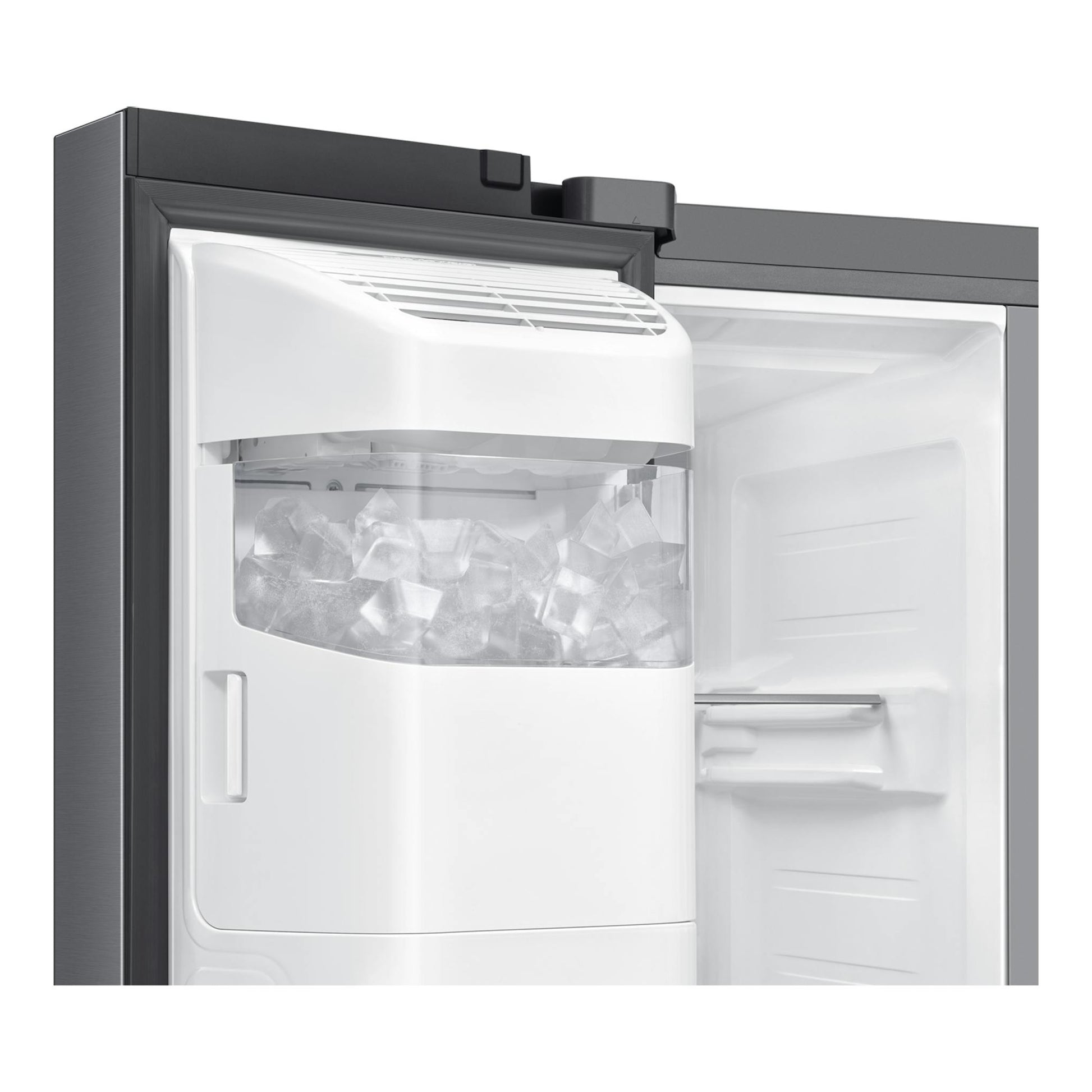 Frigorífico americano Samsung RS70F65KDTEF en inox, con la puerta abierta y el dispensador de hielo visible.