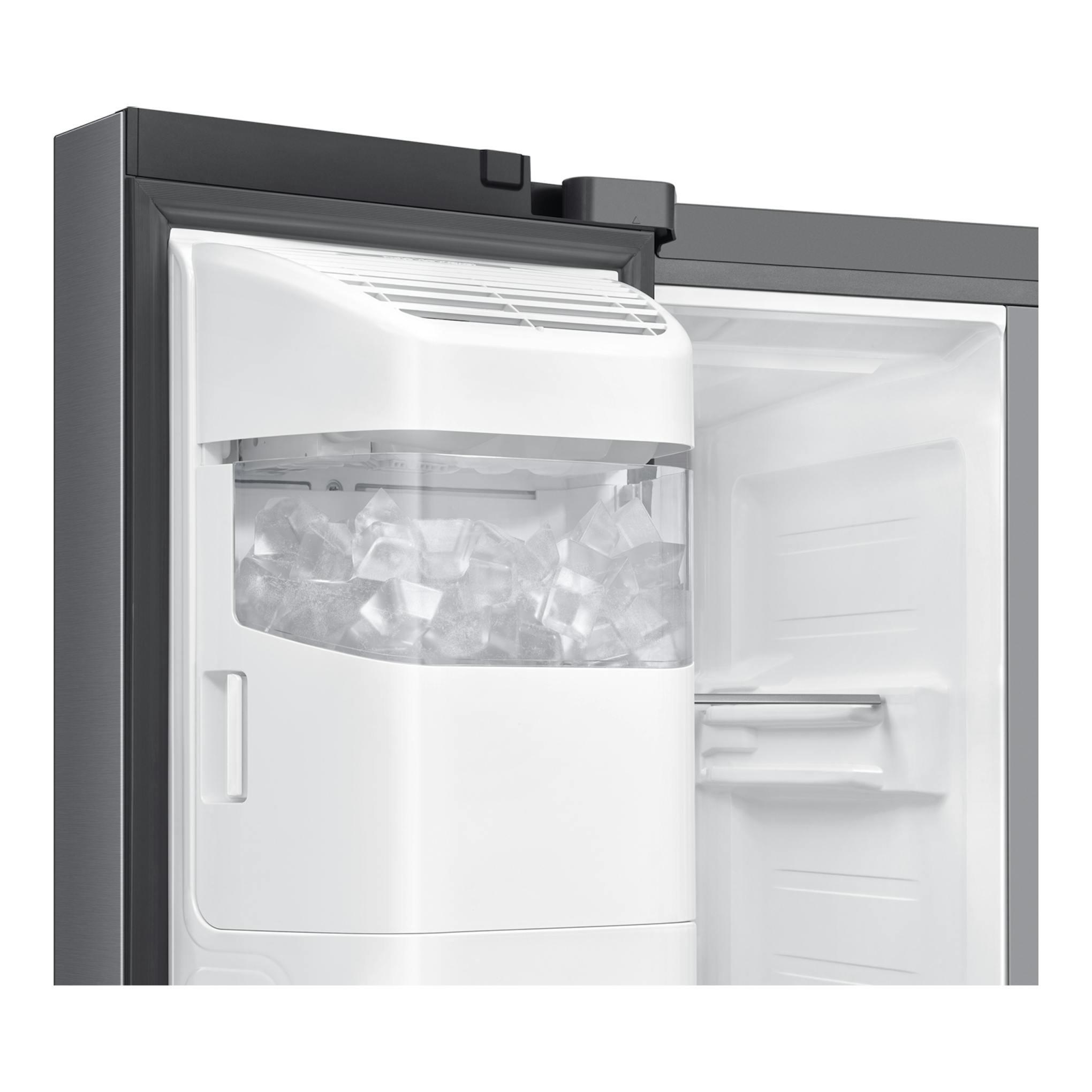 Frigorífico americano Samsung RS70F65KDTEF en inox, con la puerta abierta y el dispensador de hielo visible.
