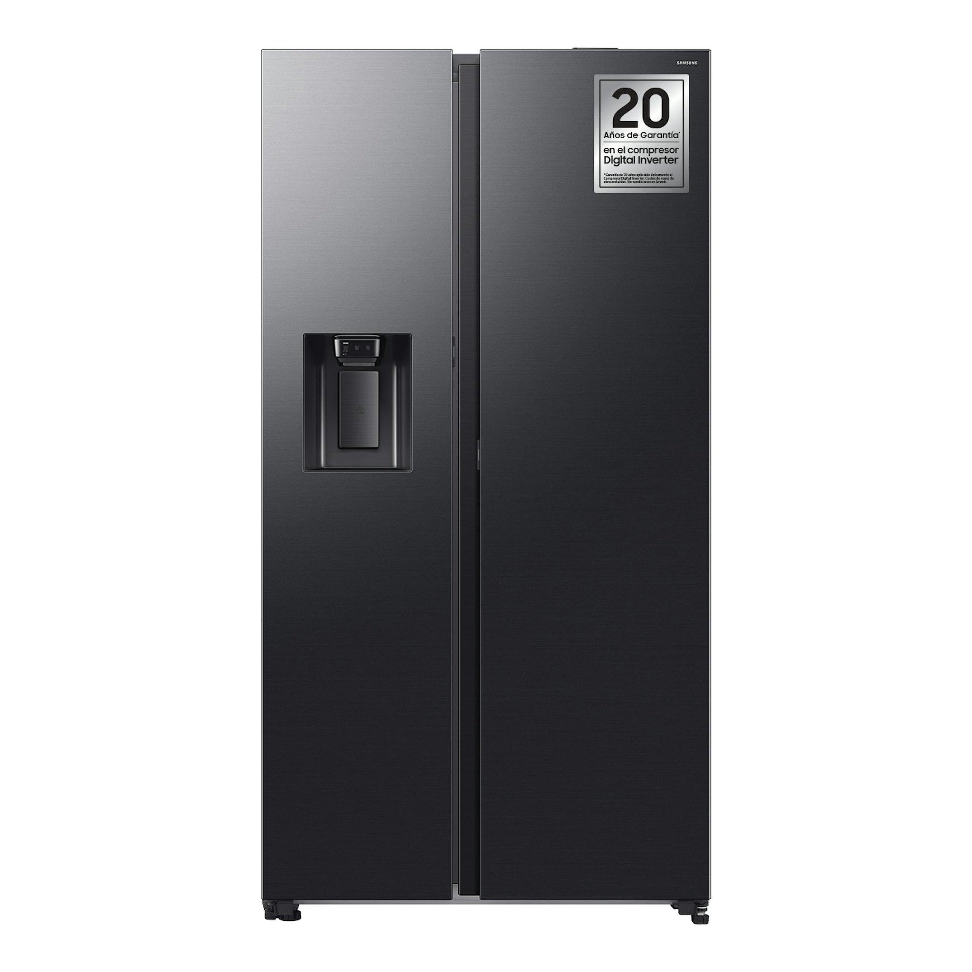 Frigorífico americano Samsung RS80F64KDFEF, vista frontal, en grafito oscuro, con dispensador de agua y hielo.