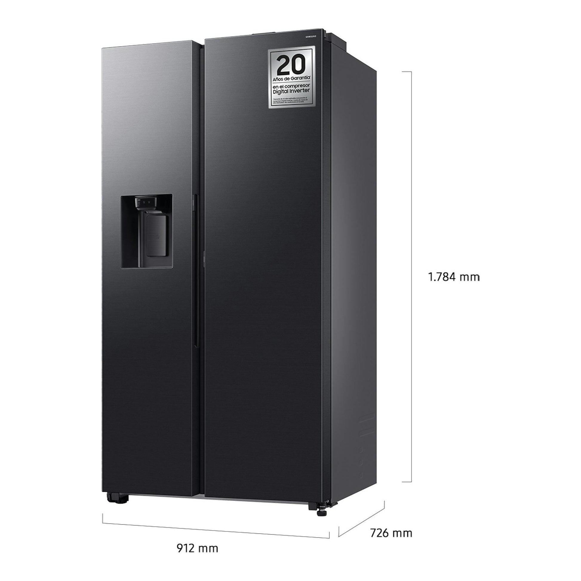 Frigorífico americano Samsung RS80F64KDFEF, vista frontal en ángulo, color grafito, con dispensador en la puerta.