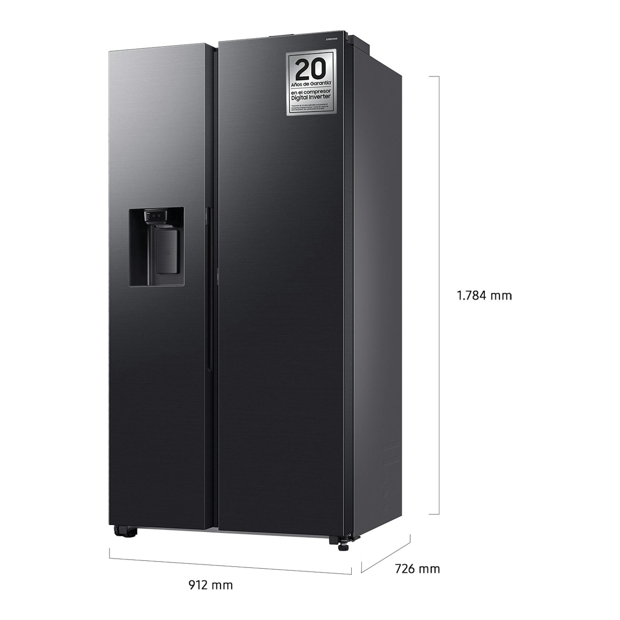 Frigorífico americano Samsung RS80F64KDFEF, vista frontal en ángulo, color grafito, con dispensador en la puerta.