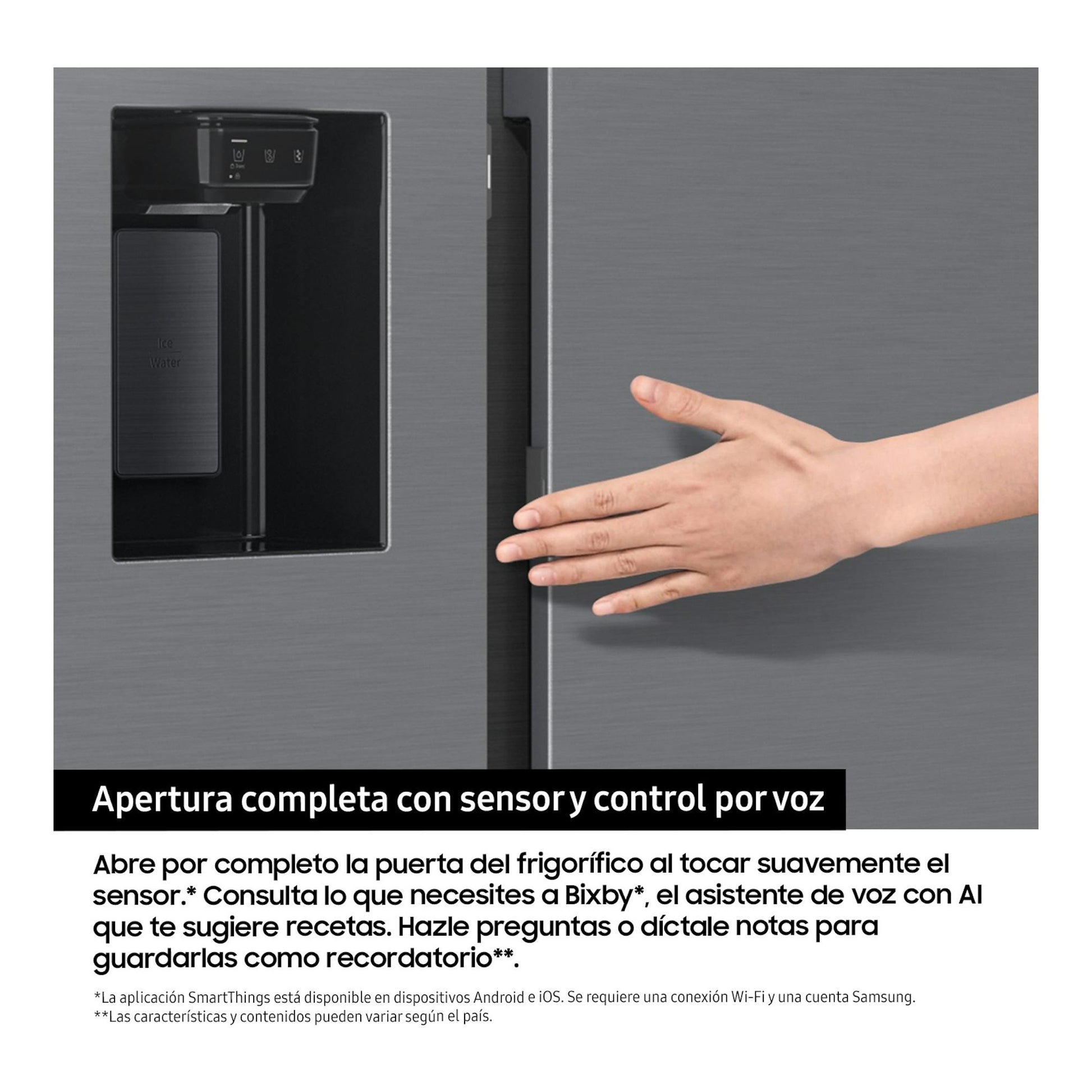 Frigorífico americano Samsung RS80F64KDFEF en grafito, vista frontal con dispensador y una mano abriendo la puerta.