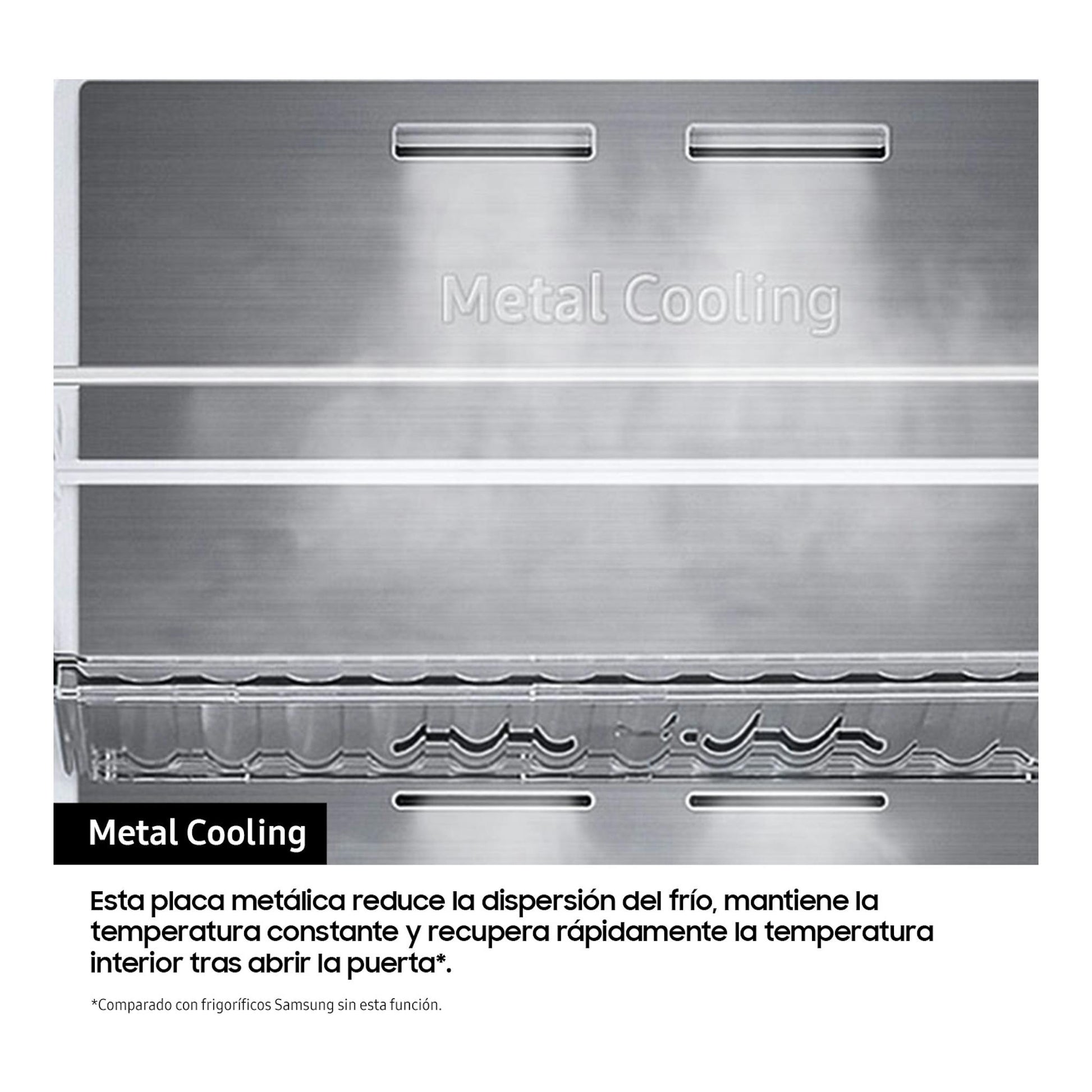 Primer plano del frigorífico Samsung RS80F64KDFEF en grafito, con panel frontal Metal Cooling.