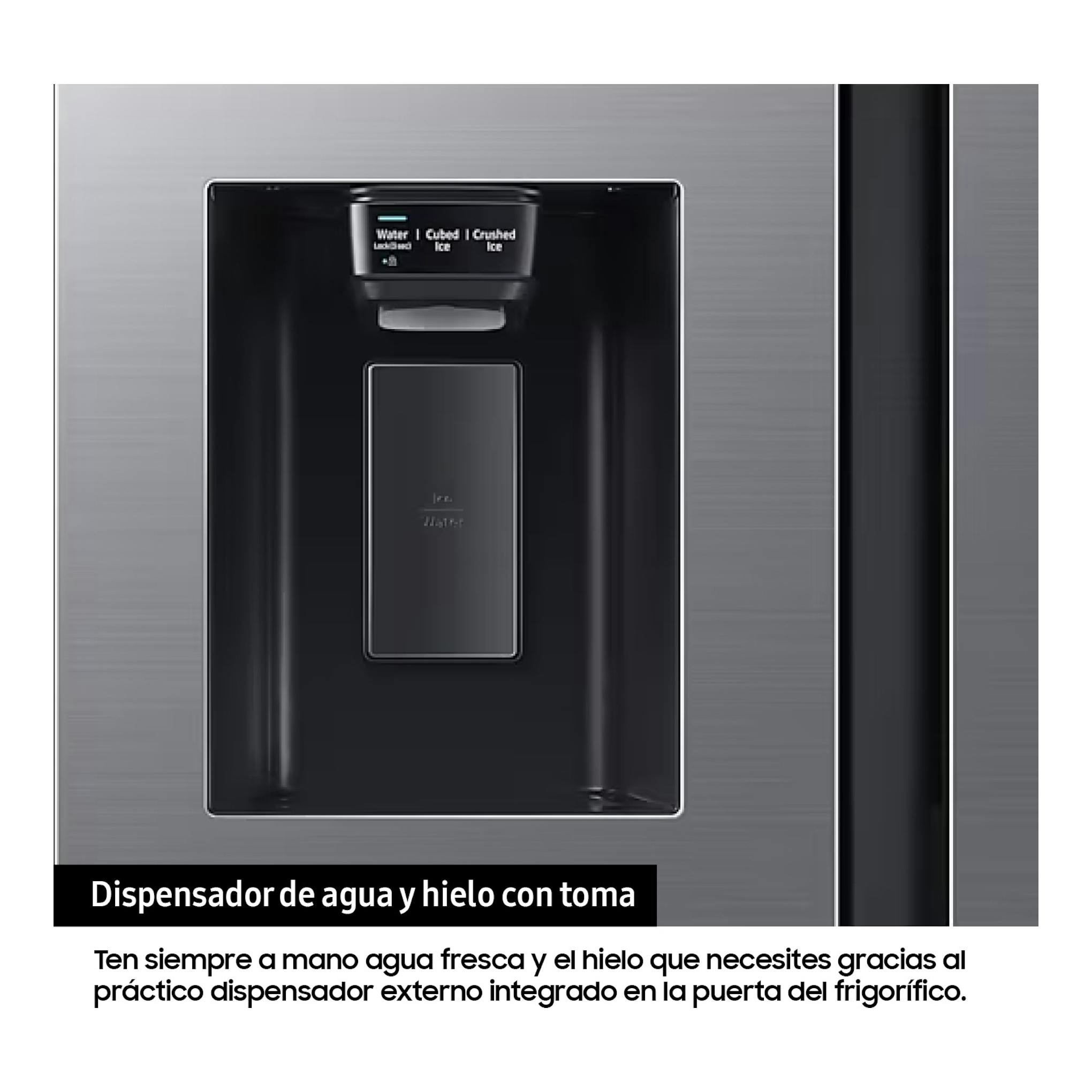 Frigorífico americano Samsung RS80F64KDFEF grafito, vista frontal del dispensador de agua y hielo en la puerta.