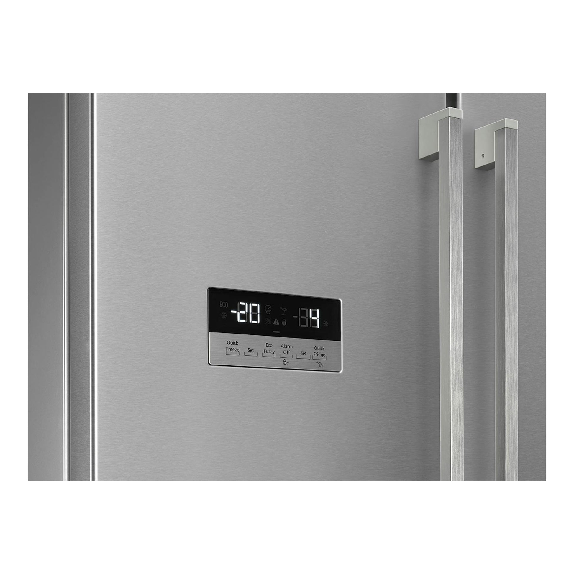 Frigorífico americano Smeg FQ55FXDE en inox, vista frontal parcial con panel digital y tiradores dobles.