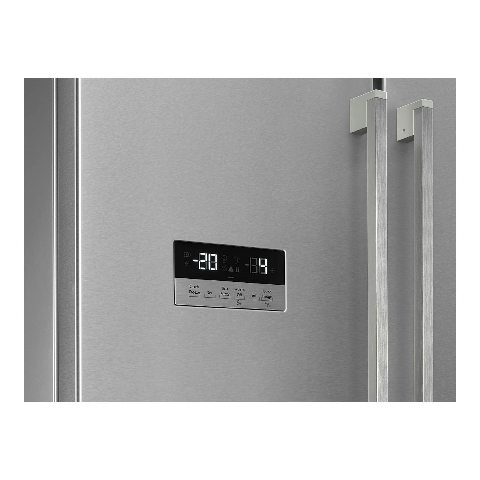 Frigorífico americano Smeg FQ55FXDE en inox, vista frontal parcial con panel digital y tiradores dobles.
