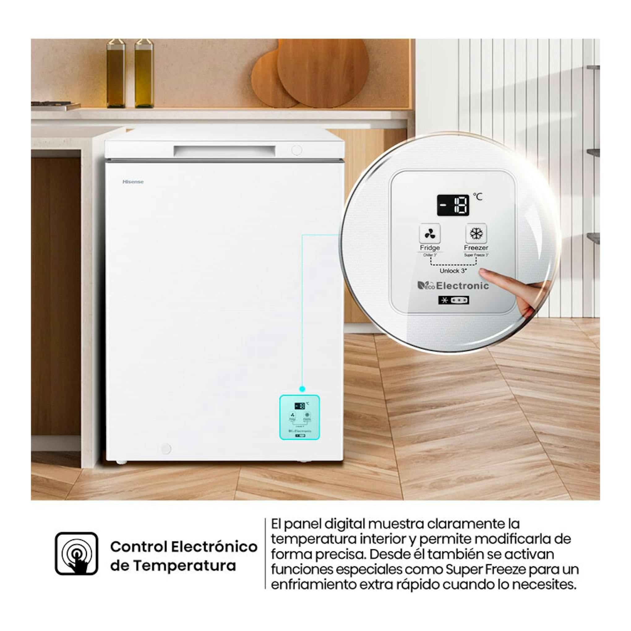 Arcón congelador Hisense FT100N1AWDL blanco, vista frontal, con panel digital de temperatura.