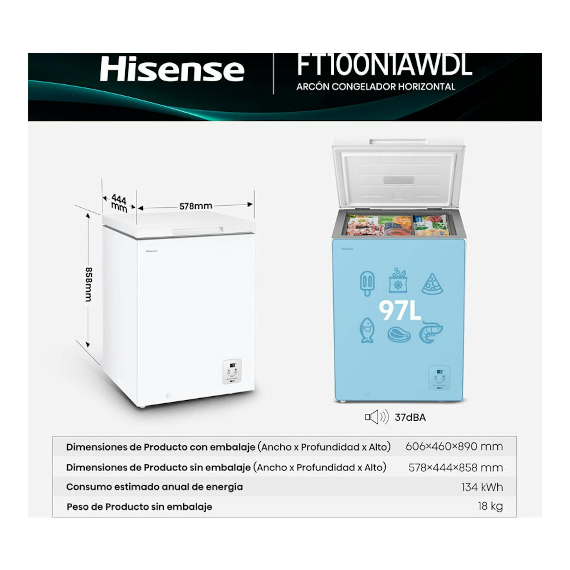 Arcón congelador horizontal Hisense FT100N1AWDL blanco, vista frontal y superior abierta, con medidas.