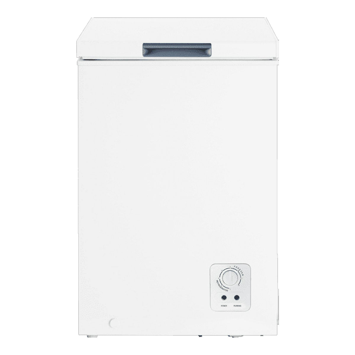 Arcón congelador Hisense FT125D4AWE blanco, vista frontal, con tapa superior y panel de control inferior.