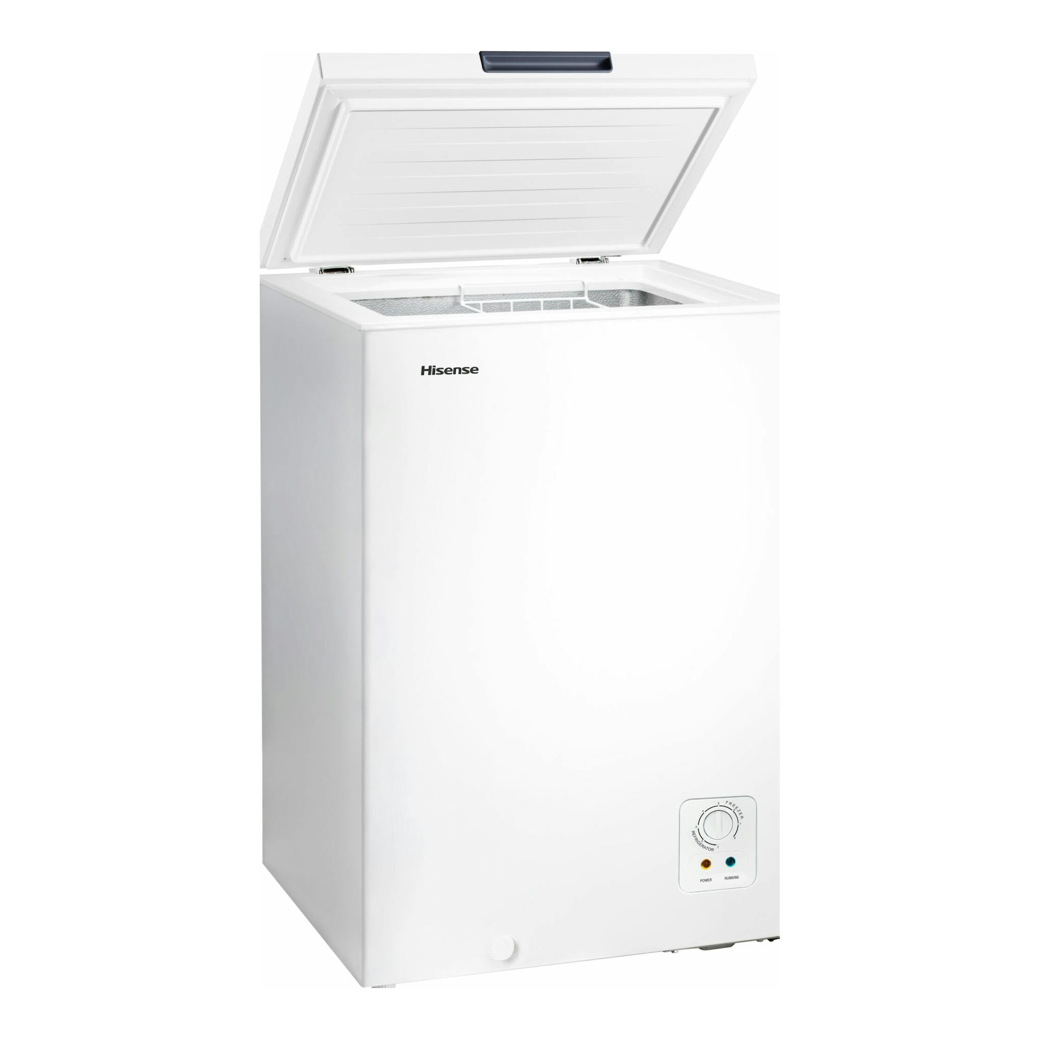 Arcón congelador Hisense FT125D4AWE blanco, vista frontal con tapa abierta.