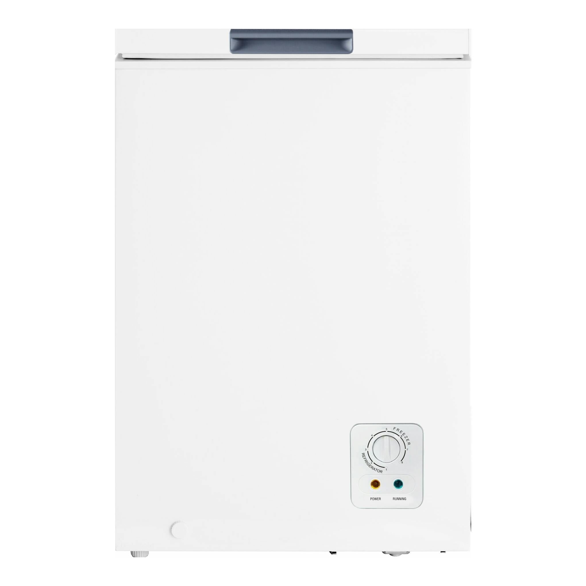 Arcón congelador Hisense FT125D4AWE blanco, vista frontal, con tapa superior y control en la parte inferior derecha.