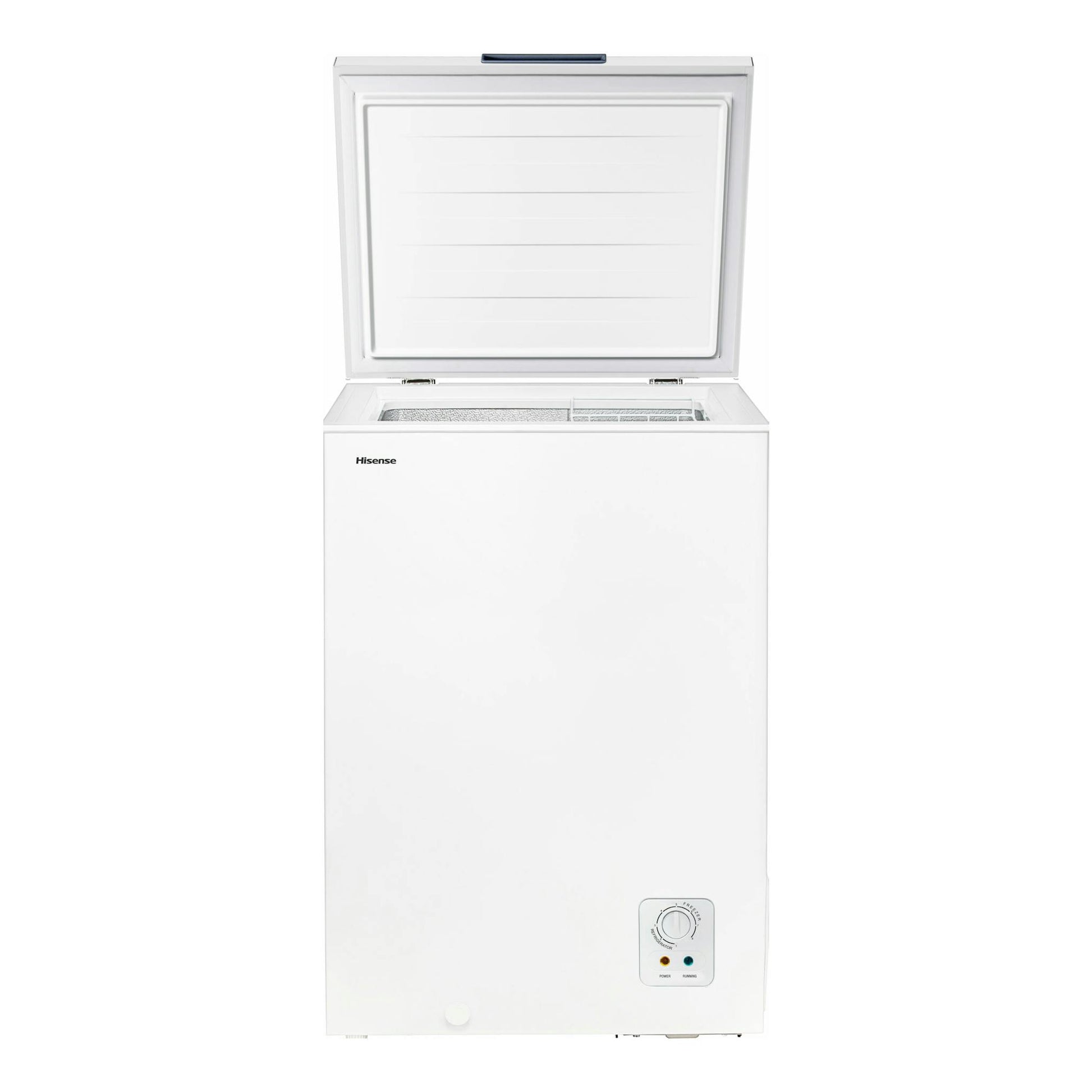 Arcón congelador Hisense FT125D4AWE blanco, vista frontal con la tapa abierta.