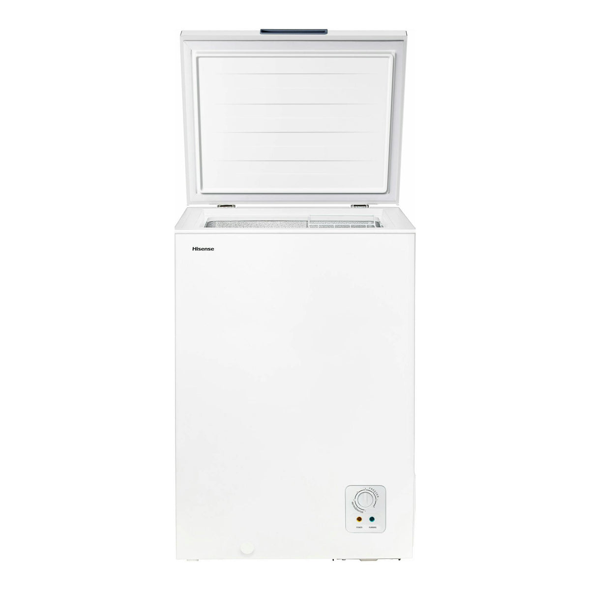 Arcón congelador Hisense FT125D4AWE blanco, vista frontal con la tapa abierta.