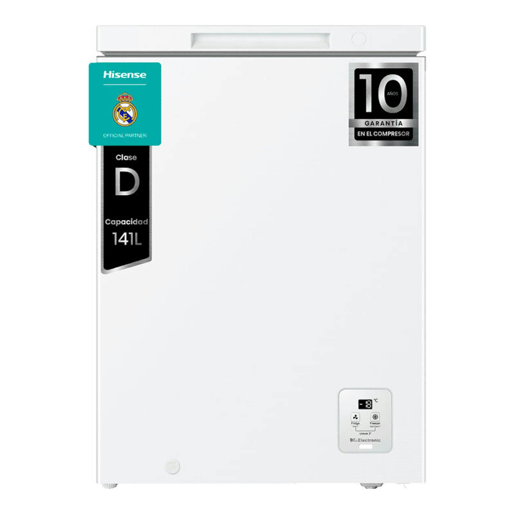 Arcón congelador Hisense FT145N1AWDL blanco, vista frontal, con panel de control en la esquina inferior derecha.