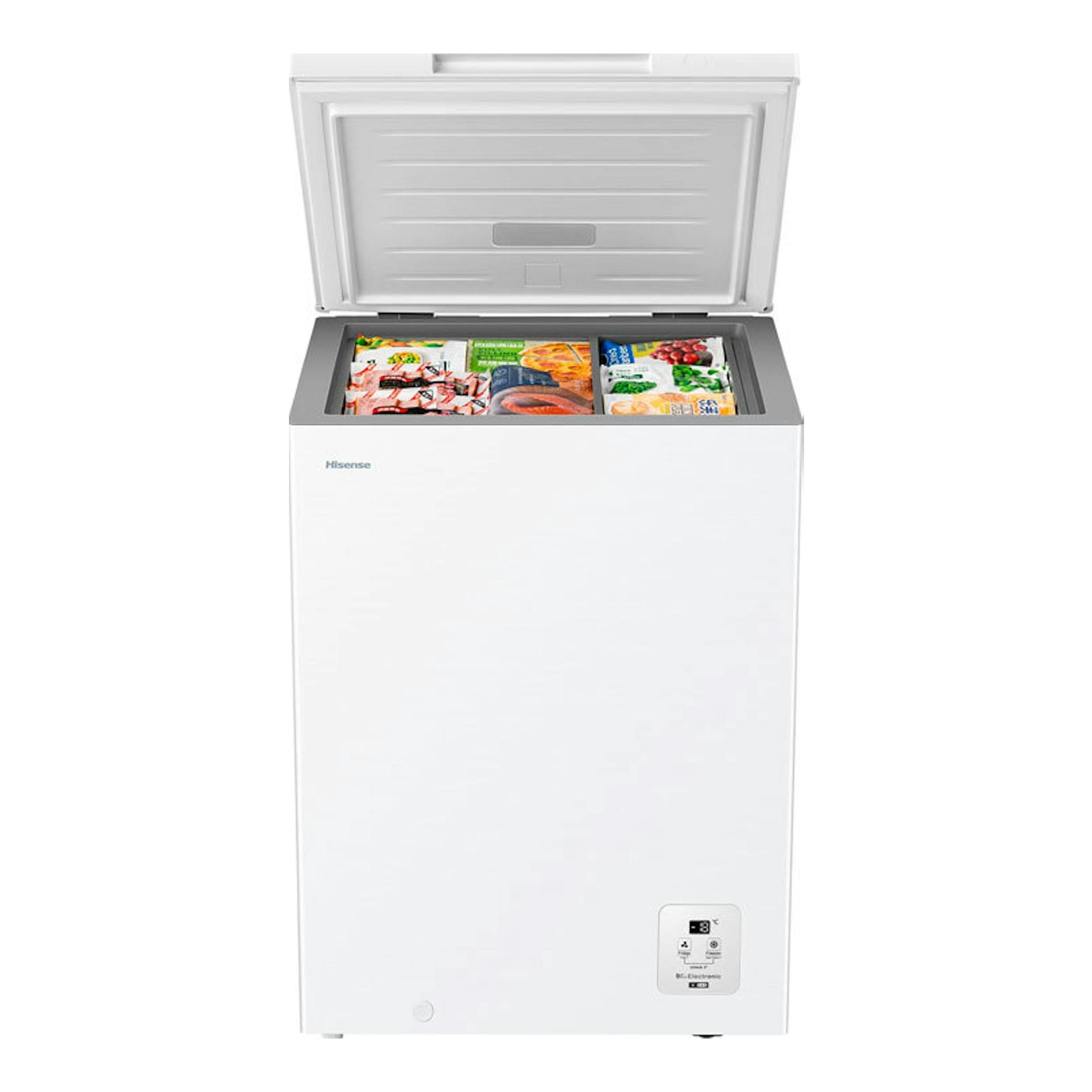 Arcón congelador Hisense FT145N1AWDL blanco, vista frontal con tapa abatible abierta.
