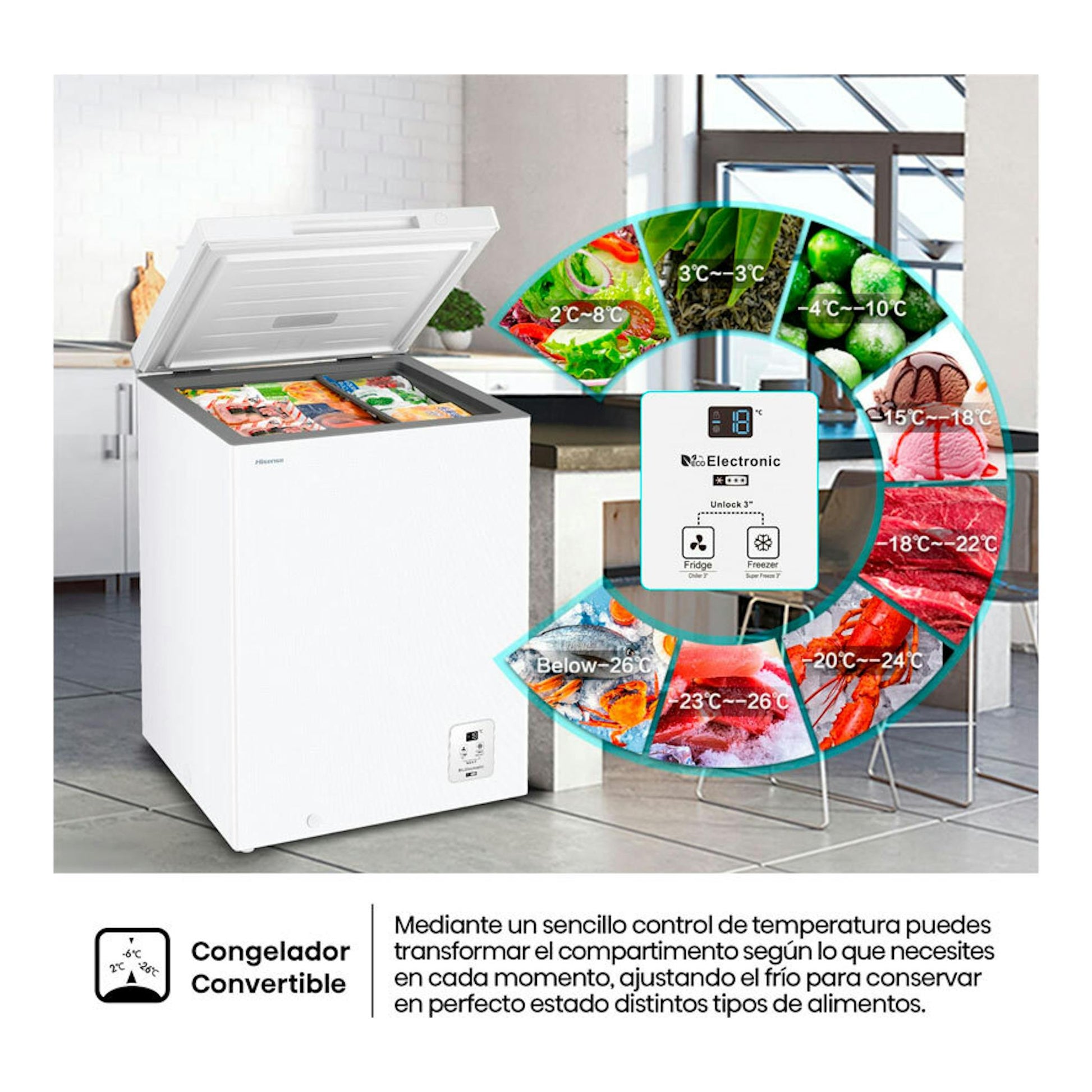 Arcón congelador Hisense FT145N1AWDL blanco, vista frontal con tapa abierta en una cocina.