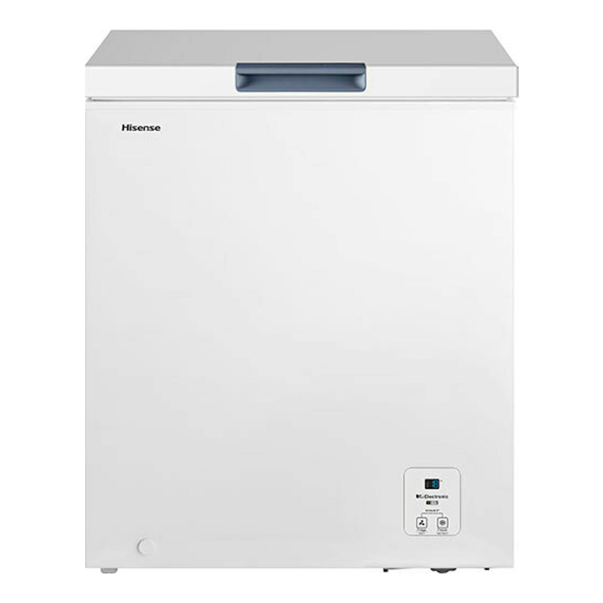 Congelador horizontal Hisense FT184D4AWYE blanco, vista frontal, con tapa superior y panel digital.