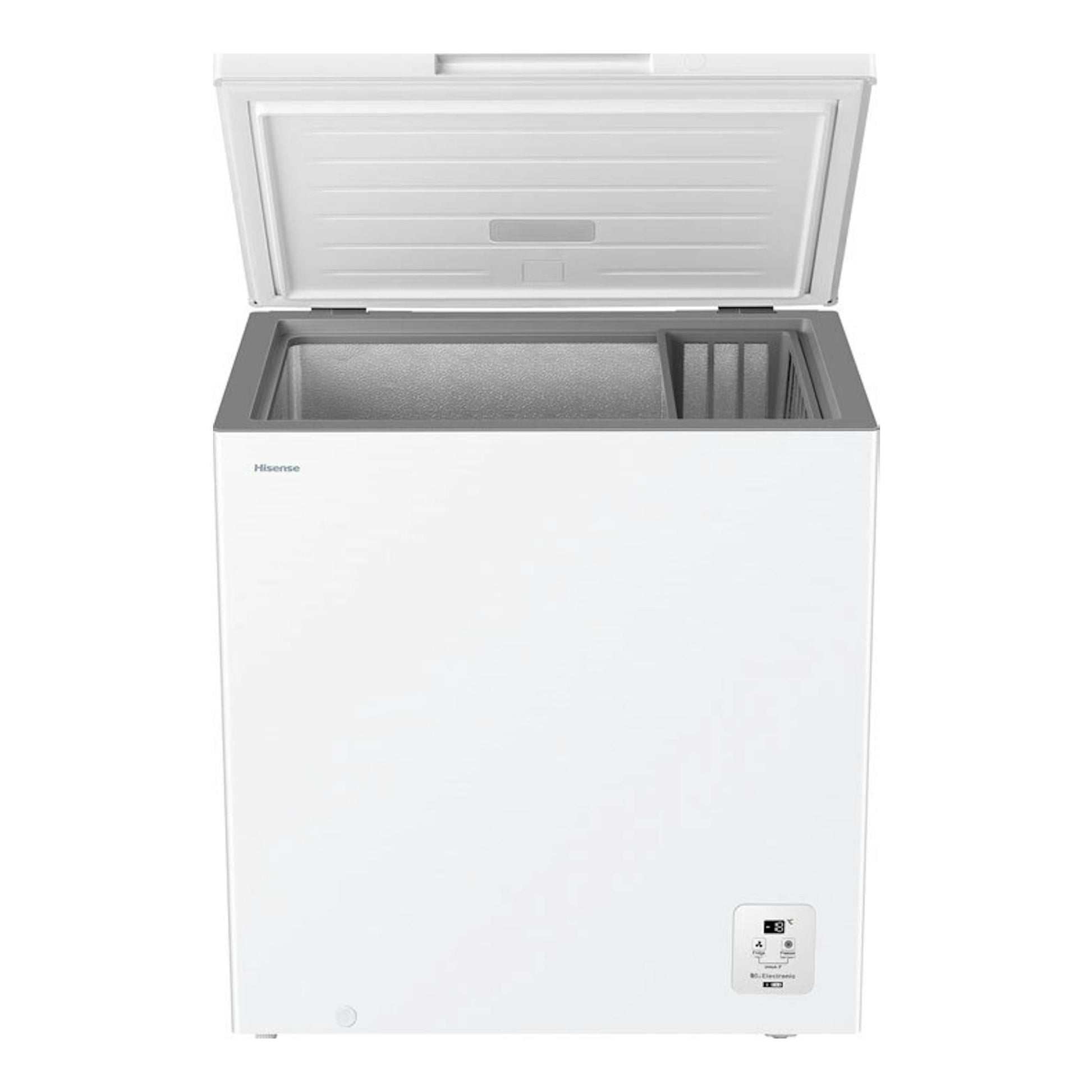 Arcón congelador Hisense FT200N1AWDL blanco, vista frontal con tapa abierta y panel de control inferior.