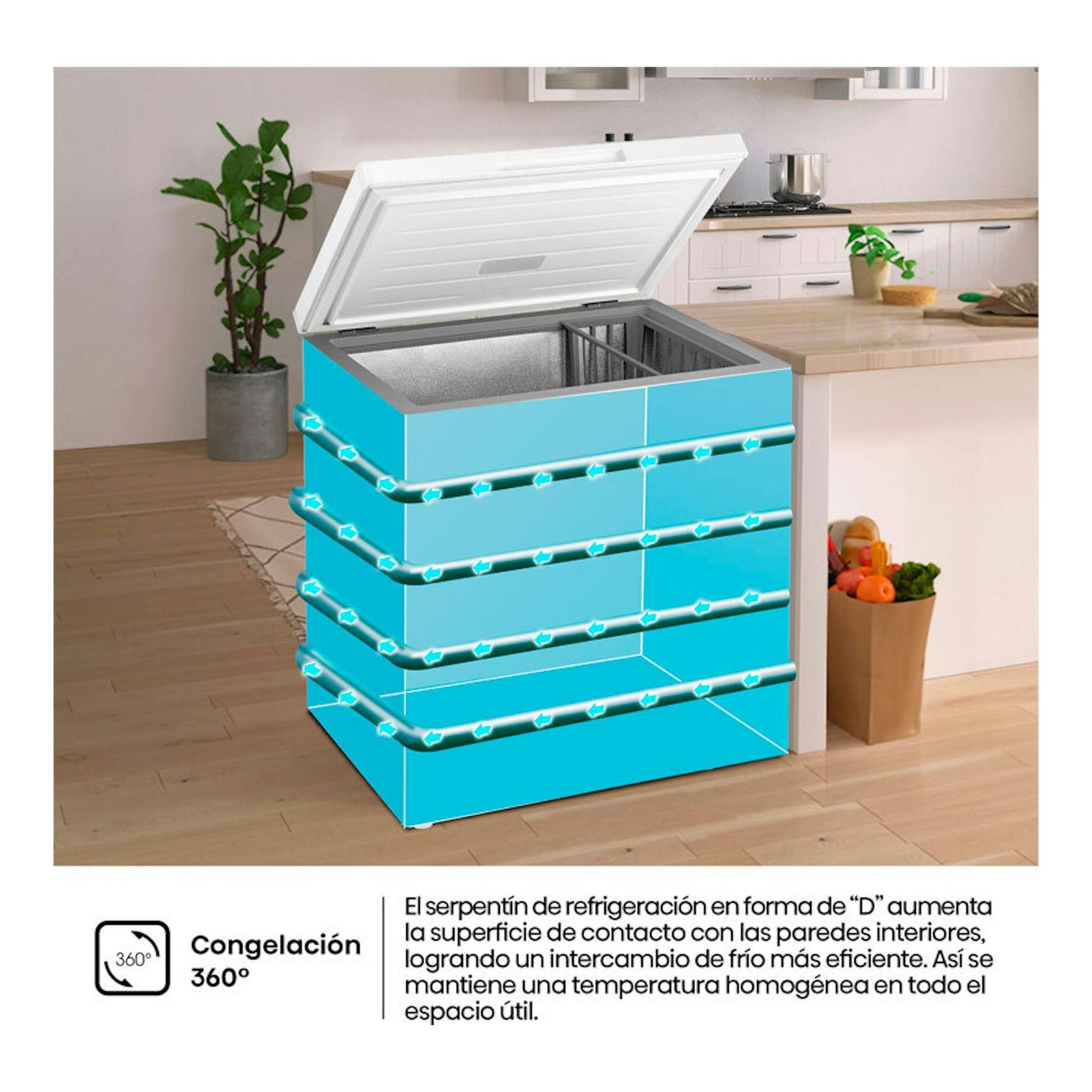 Arcón congelador Hisense FT200N1AWDL blanco, visto en cocina, con tapa abierta y gráfico de congelación 360°.
