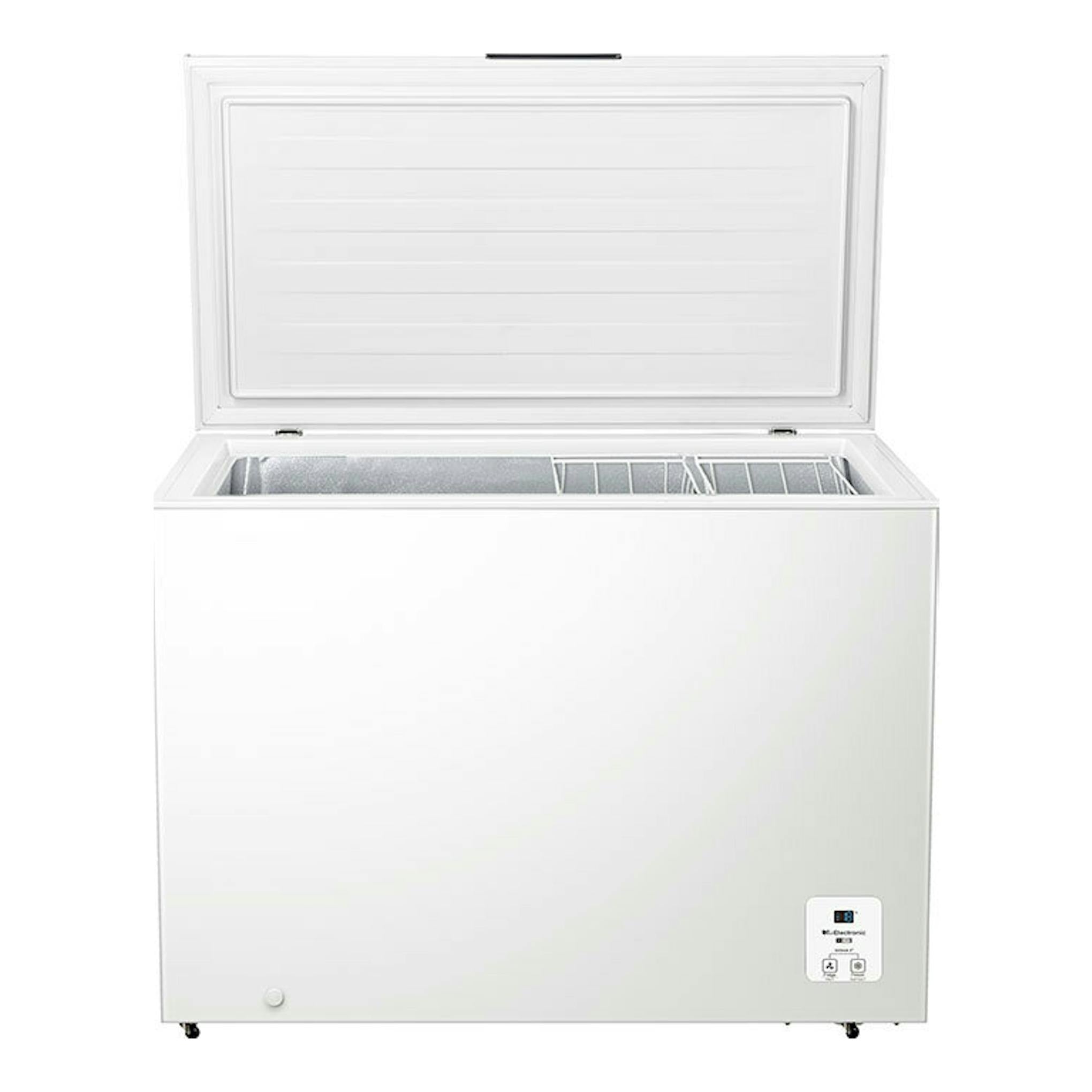 Congelador arcón Hisense FT386D4AWLYE blanco, vista frontal con tapa abierta.