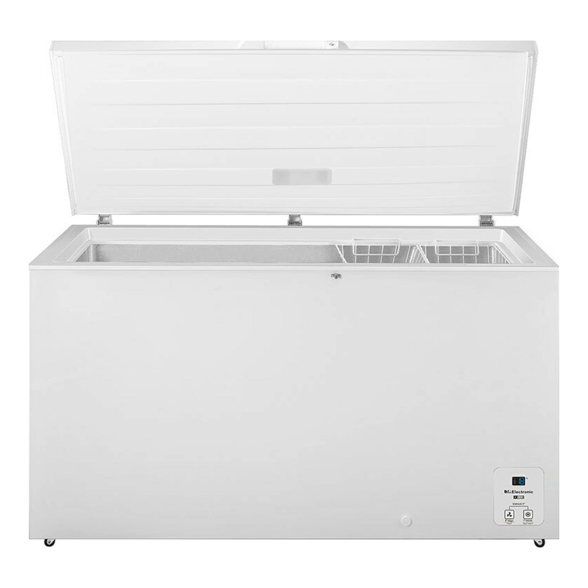 Arcón congelador Hisense FT546D4AWLYE blanco, vista frontal, tapa superior abierta.