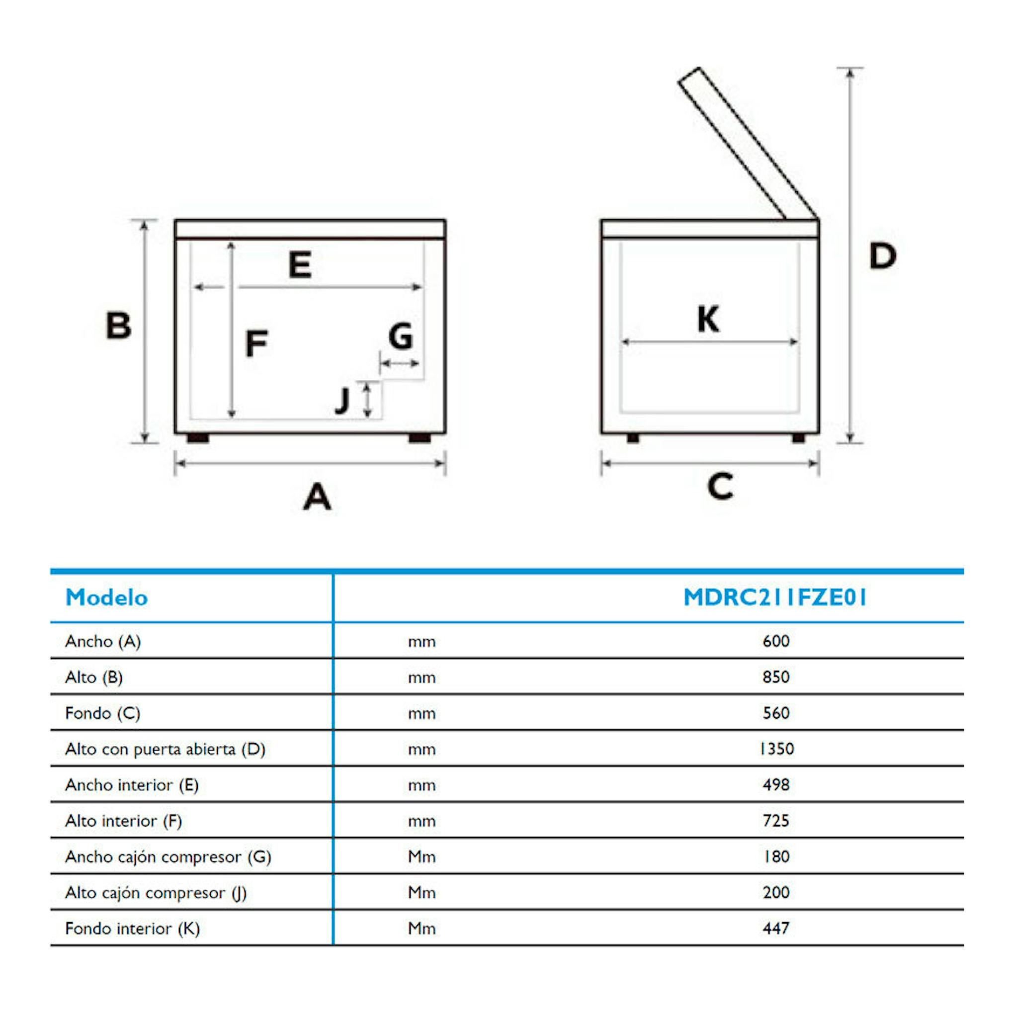 Diagrama técnico del arcón Midea MDRC211FZE01 blanco, con vistas frontal y lateral y medidas en mm.