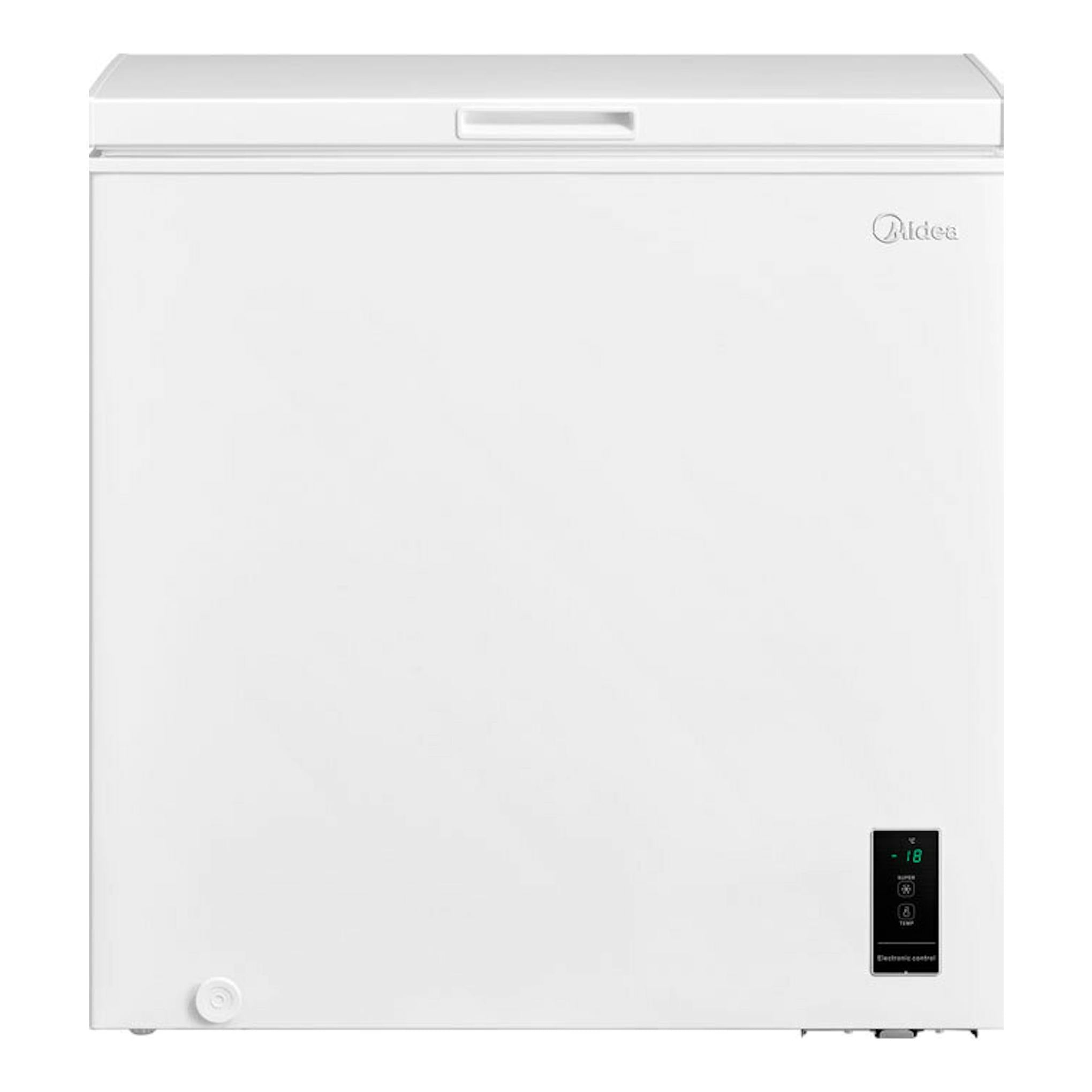 Arcón congelador Midea MDRC280FEE01 blanco, vista frontal, panel de control negro abajo a la derecha.