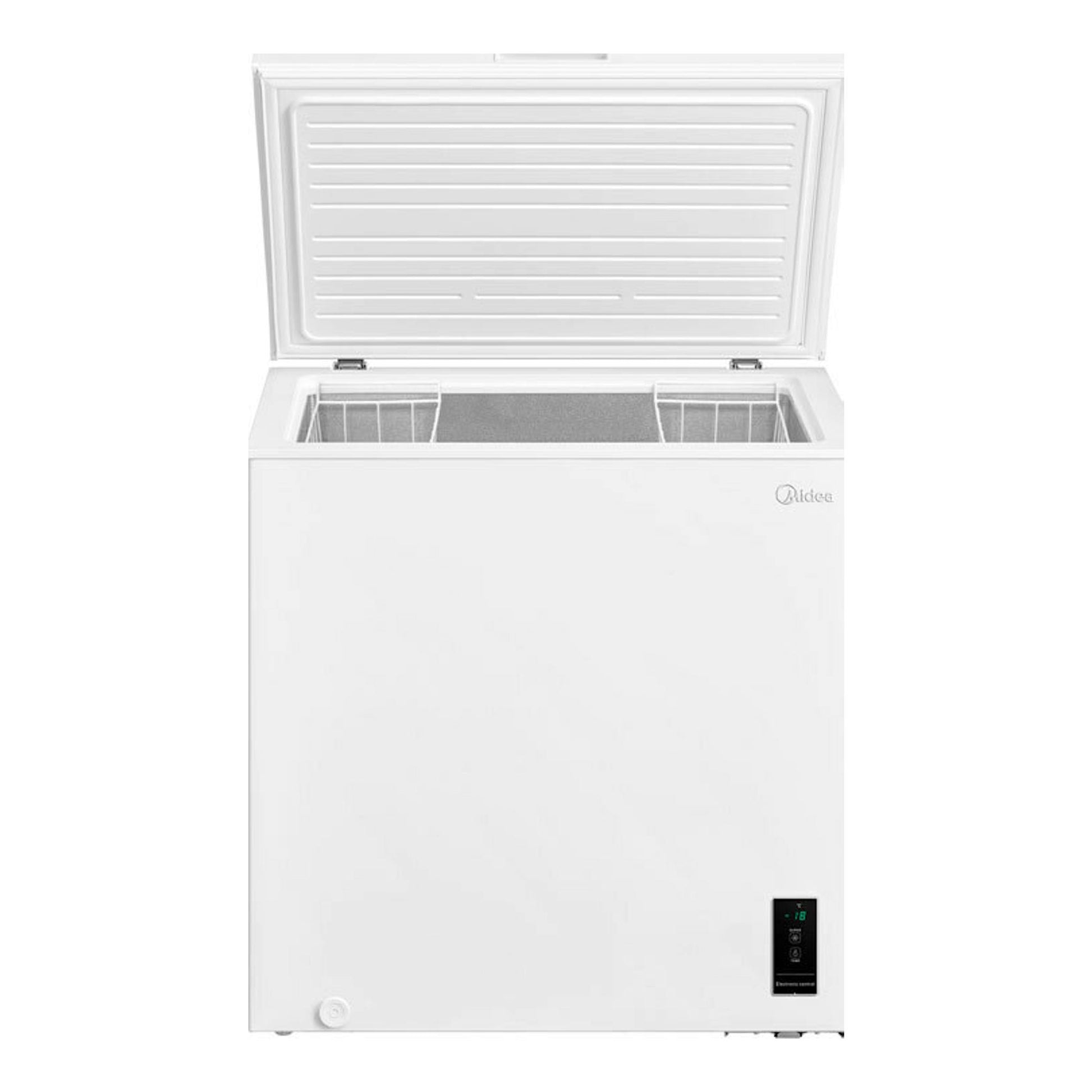 Arcón congelador Midea MDRC280FEE01 blanco, vista frontal con tapa superior abierta.