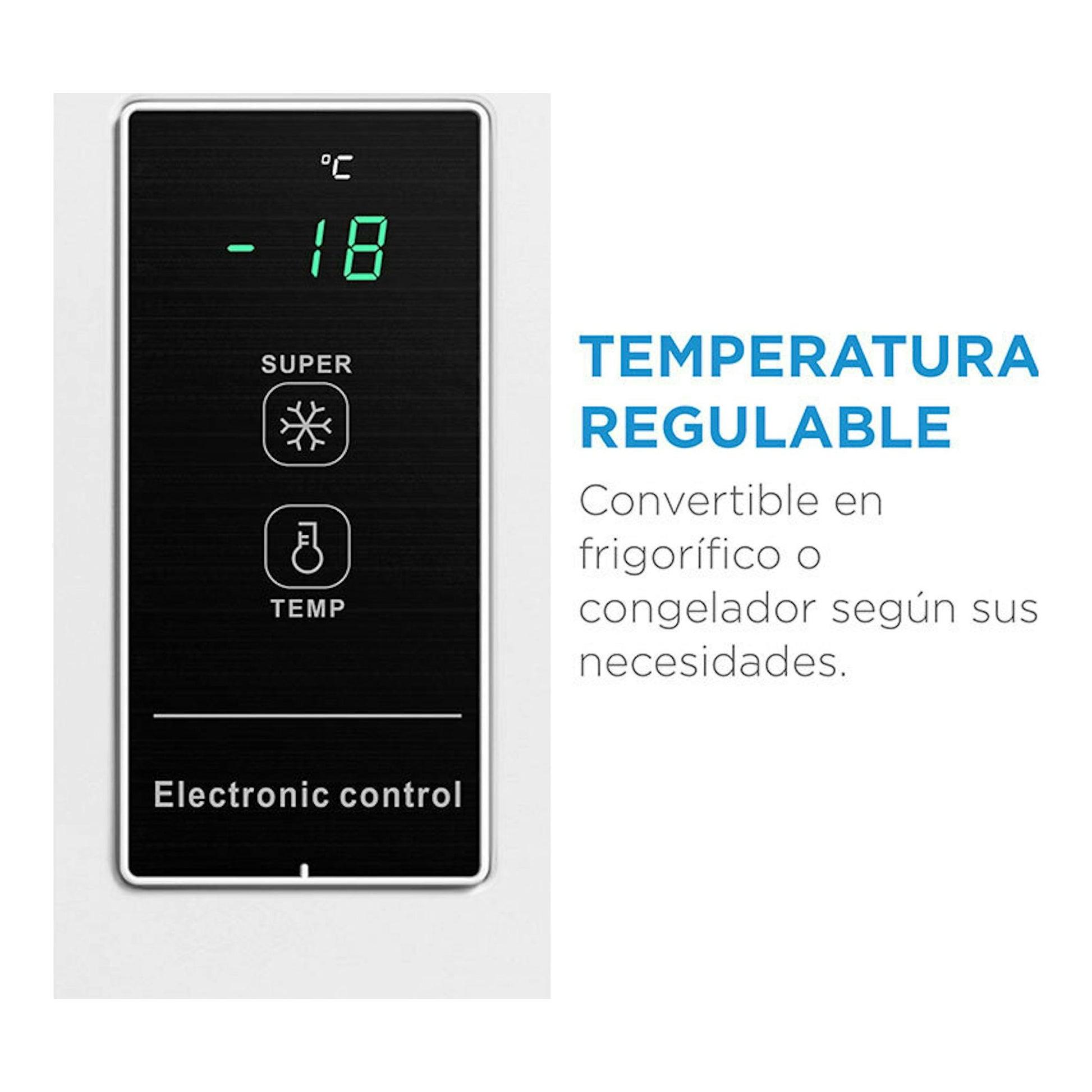 Arcón Midea MDRC280FEE01 blanco, panel negro con display -18 °C y texto de temperatura regulable.