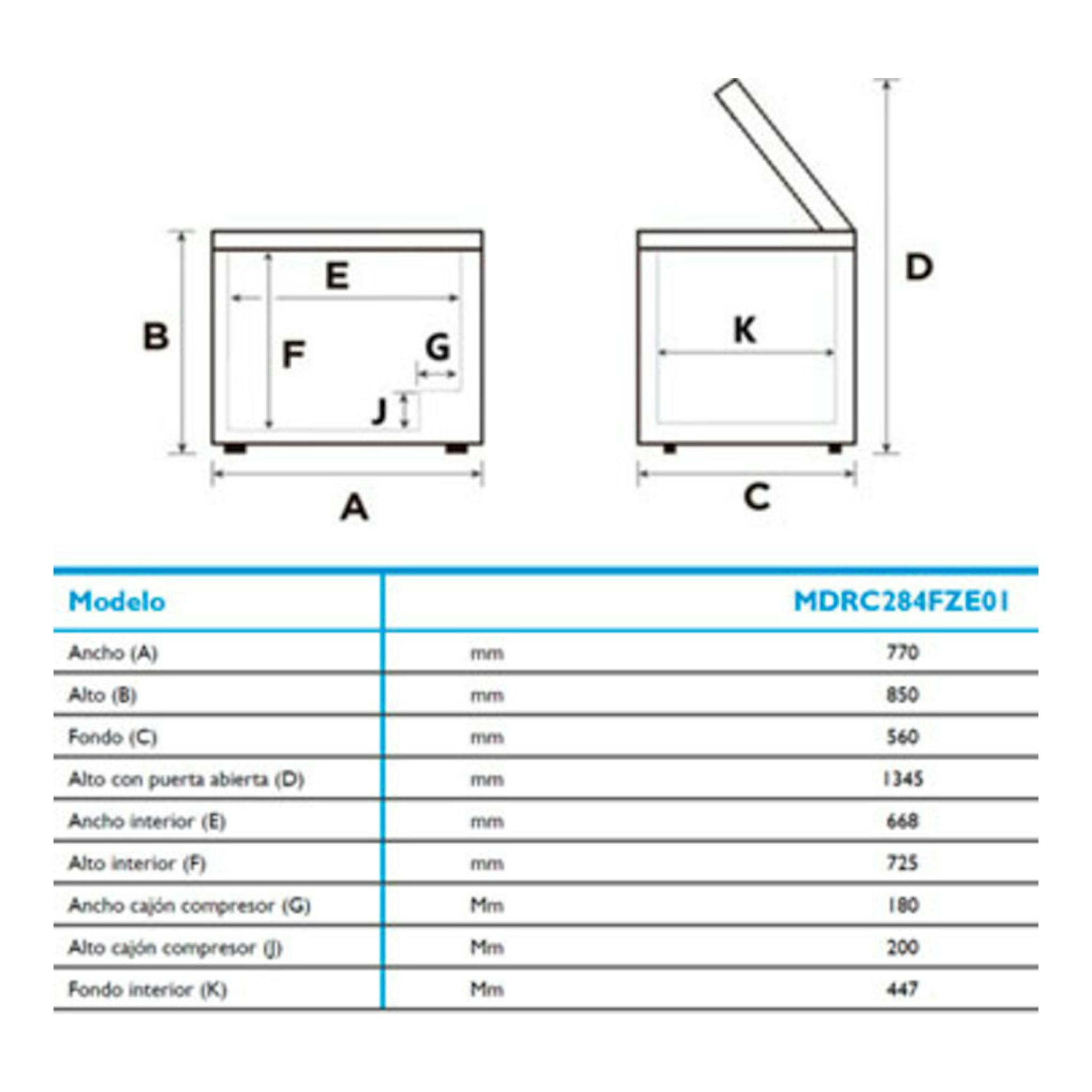 Diagrama de medidas del arcón congelador Midea MDRC284FZE01 blanco, con vista frontal y lateral, tapa abierta.