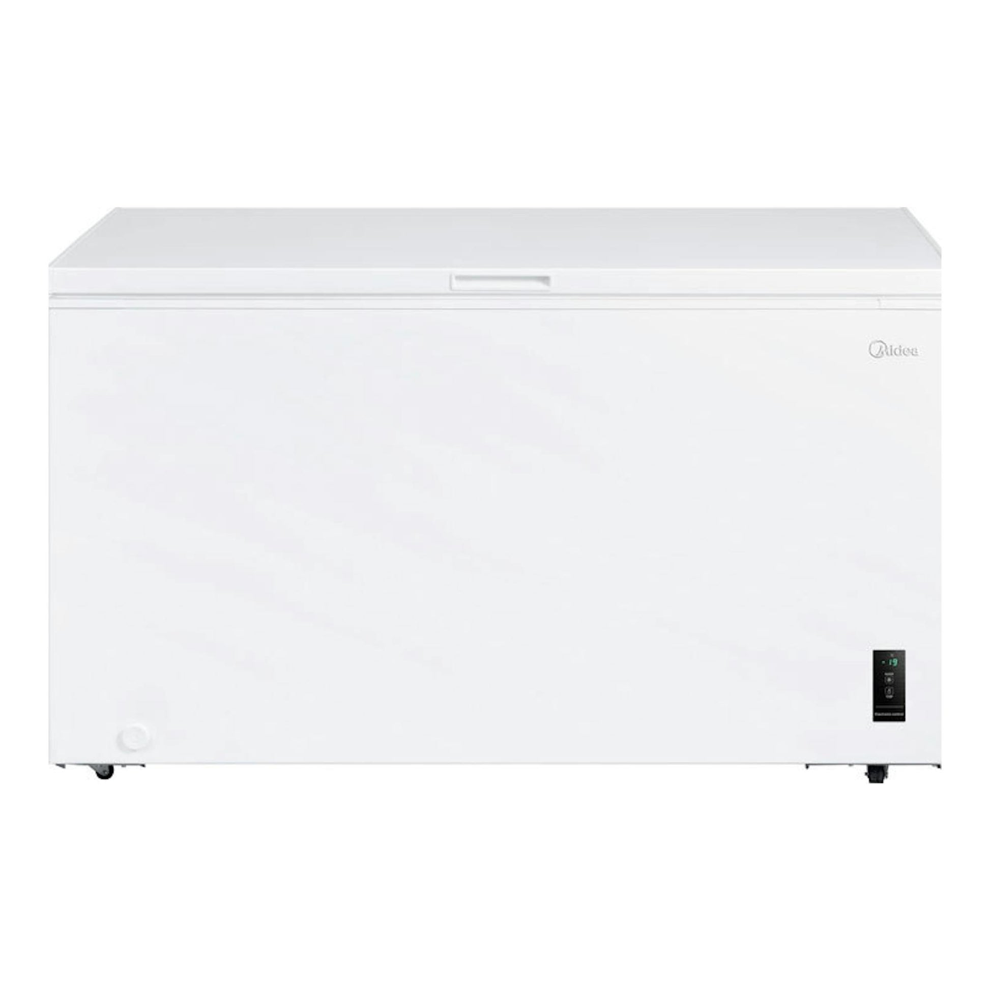 Arcón congelador Midea MDRC564FZE01 blanco, vista frontal, con panel digital en la esquina inferior derecha.