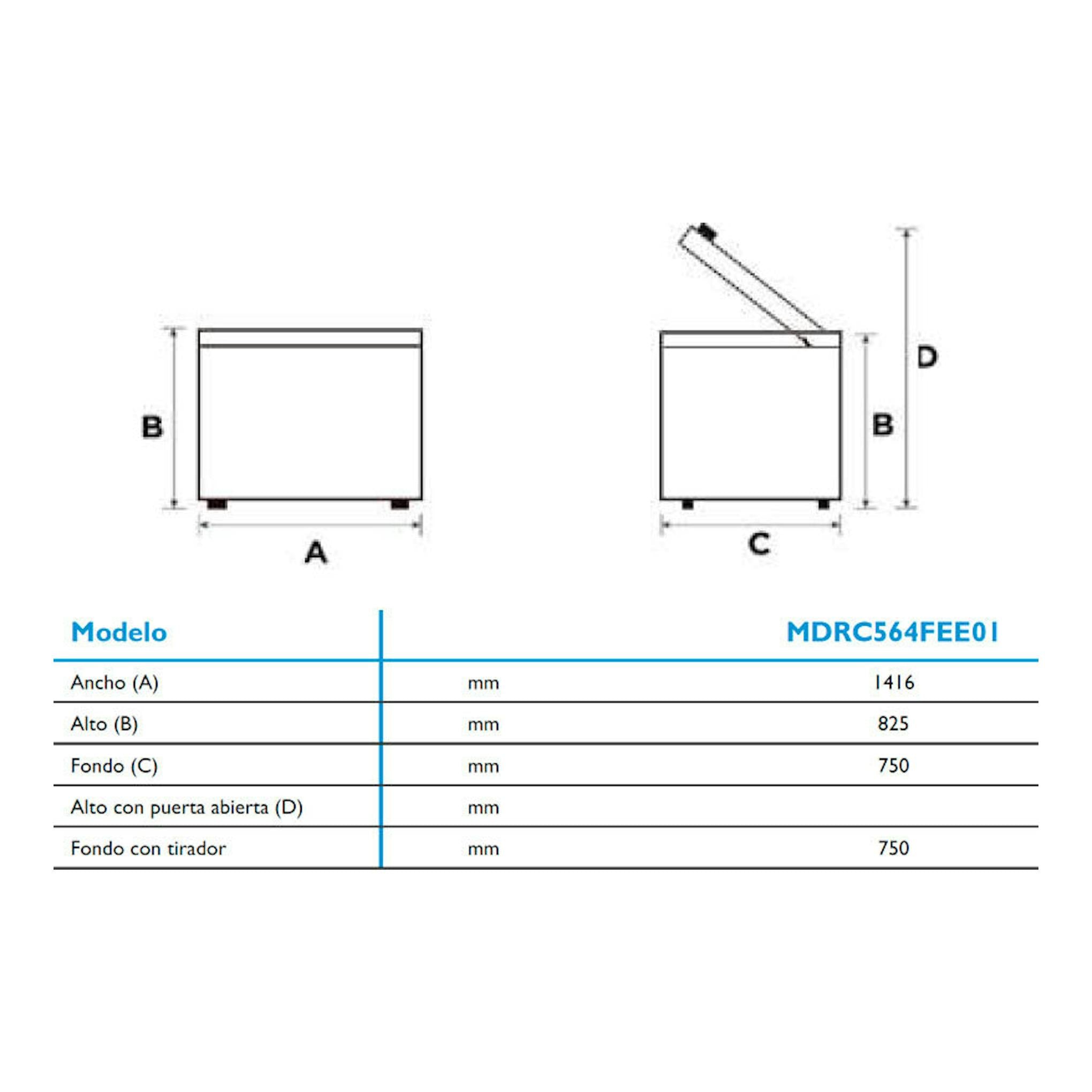 Diagrama técnico del arcón Midea MDRC564FEE01 blanco, vistas frontal y lateral con medidas.