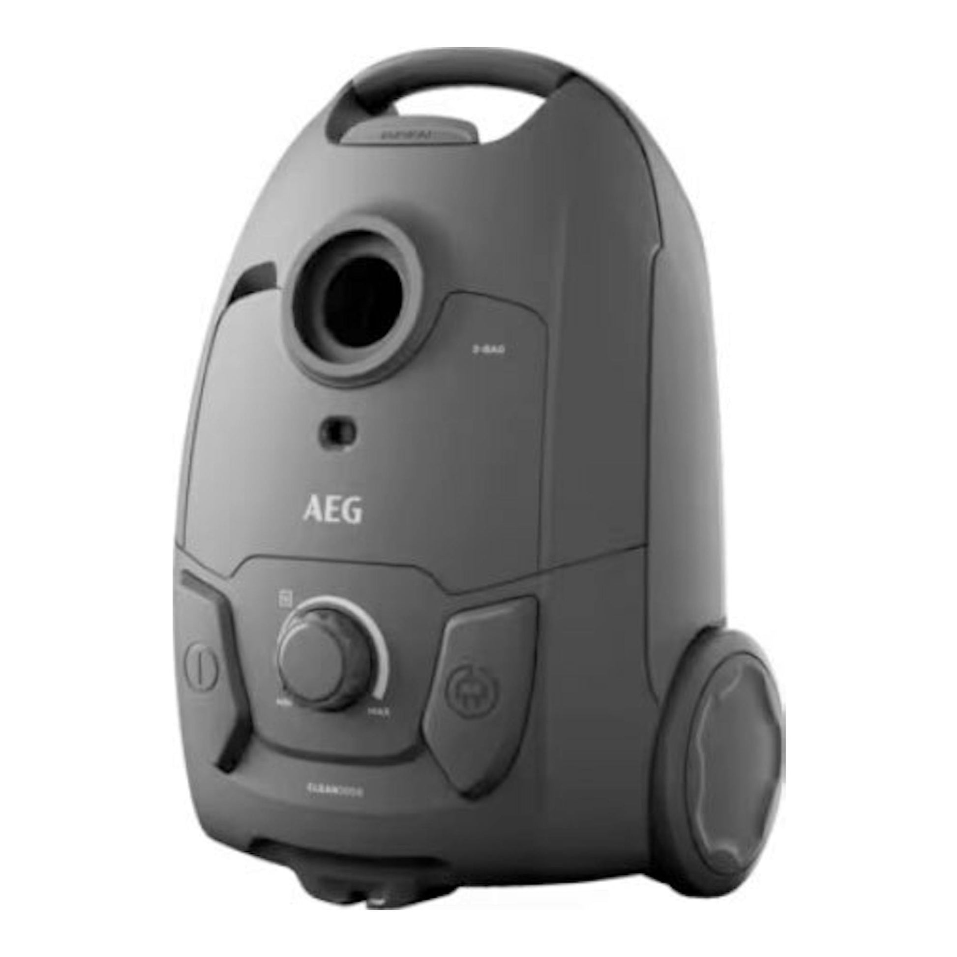 Aspirador AEG AB31C1GG gris oscuro, vista frontal en tres cuartos, con asa superior y ruedas laterales.