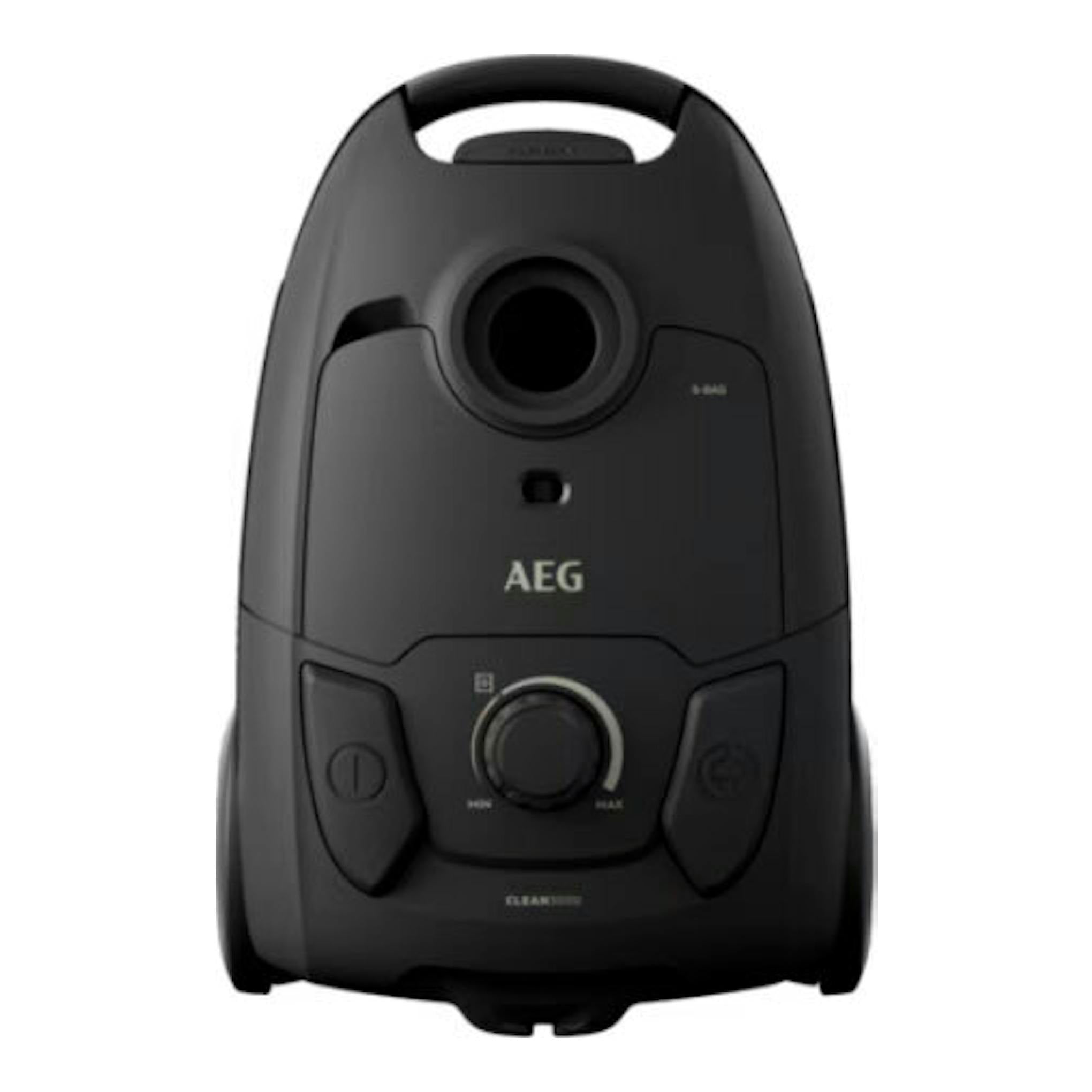 Aspirador AEG AB31C1GG negro, vista frontal, con asa superior y selector central, sobre fondo blanco.