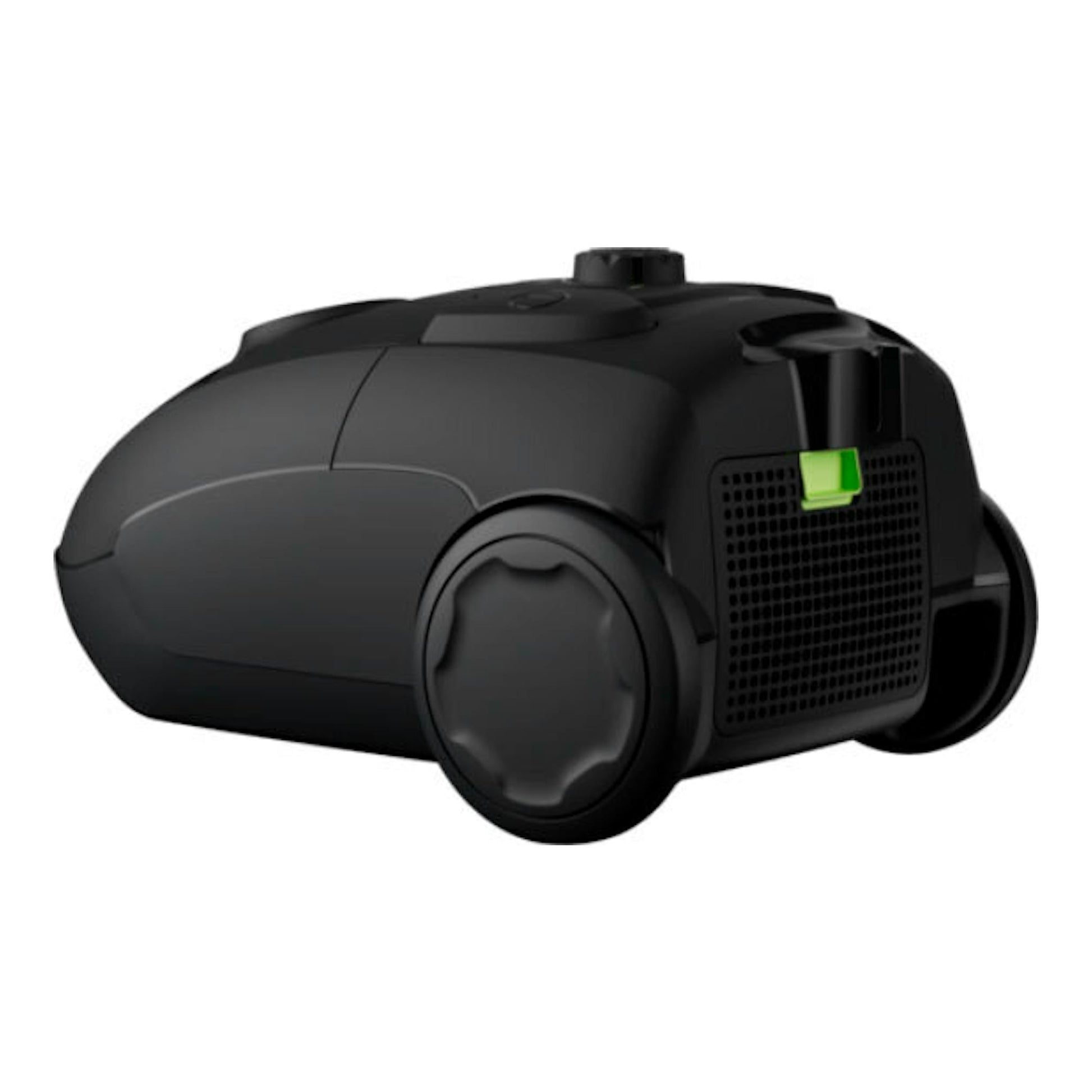 Aspirador AEG AB31C1GG negro, vista lateral en tres cuartos, con detalle verde en la rejilla.