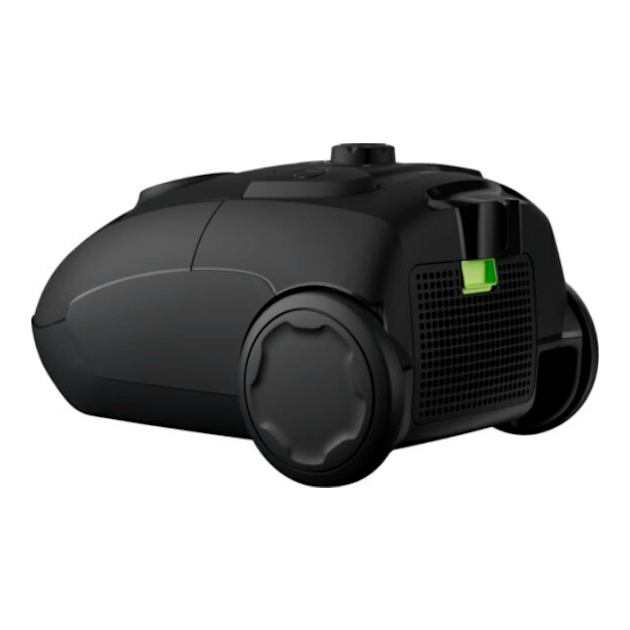Aspirador AEG AB31C1GG negro, vista lateral en tres cuartos, con detalle verde en la rejilla.