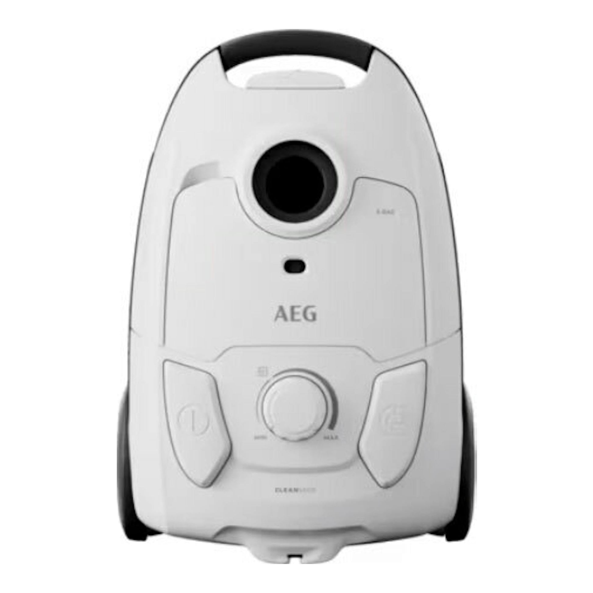 Aspirador AEG AB51C2SW blanco, vista frontal, con asa negra y ruedas laterales.