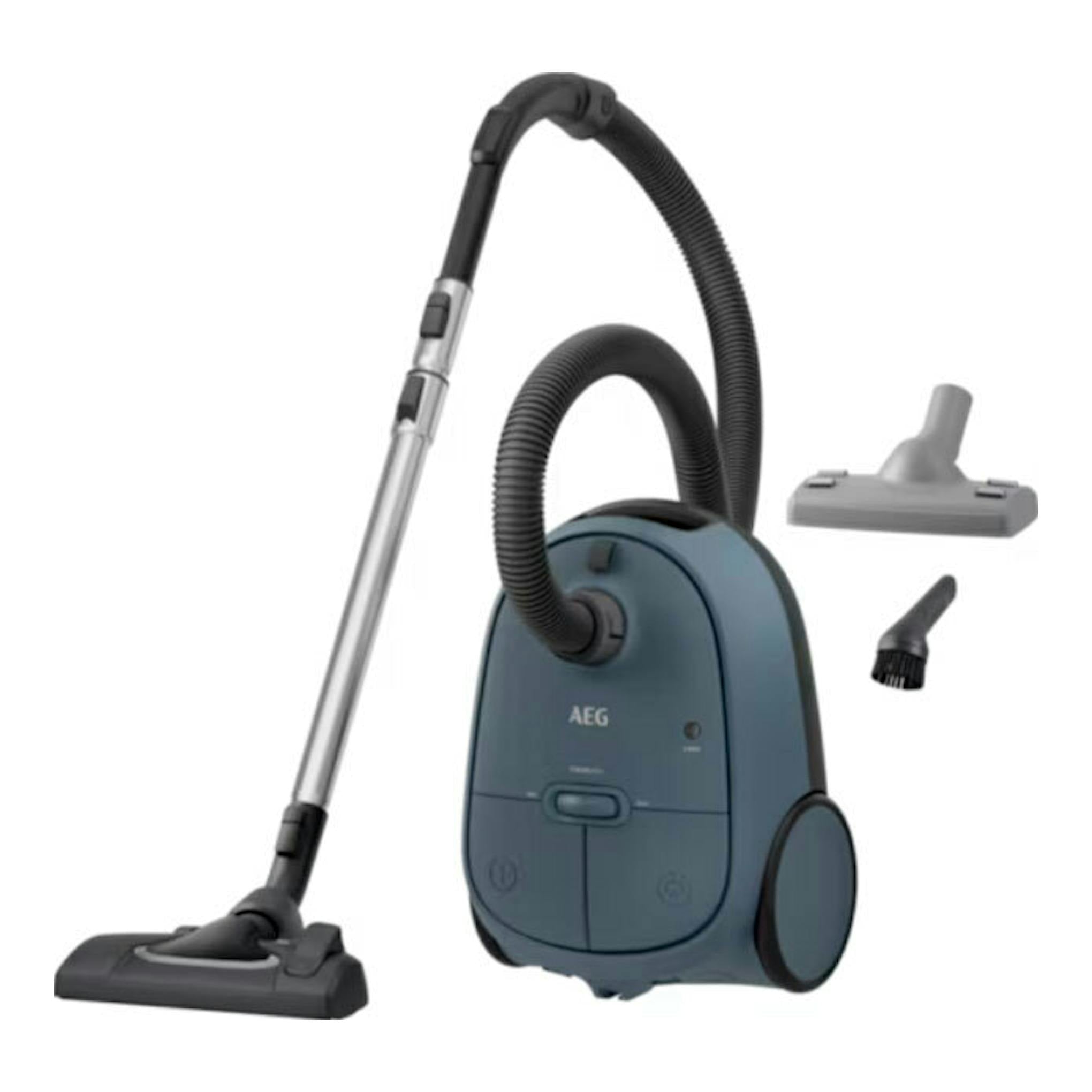 Aspirador de trineo AEG AB61C2DB azul oscuro, vista frontal, con manguera, tubo, cepillo y accesorios.