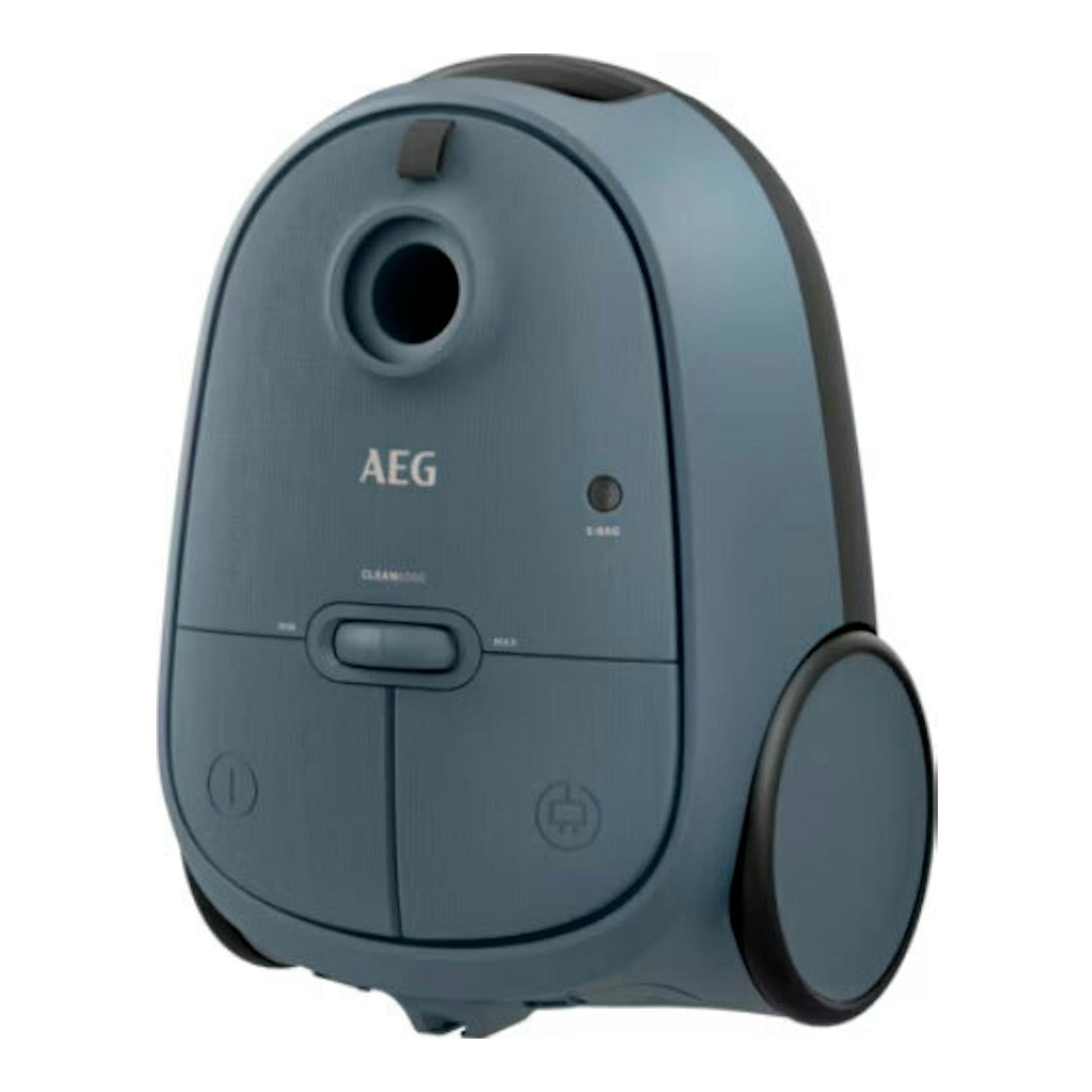 Aspirador AEG AB61C2DB azul grisáceo, vista frontal en ángulo sobre fondo blanco.
