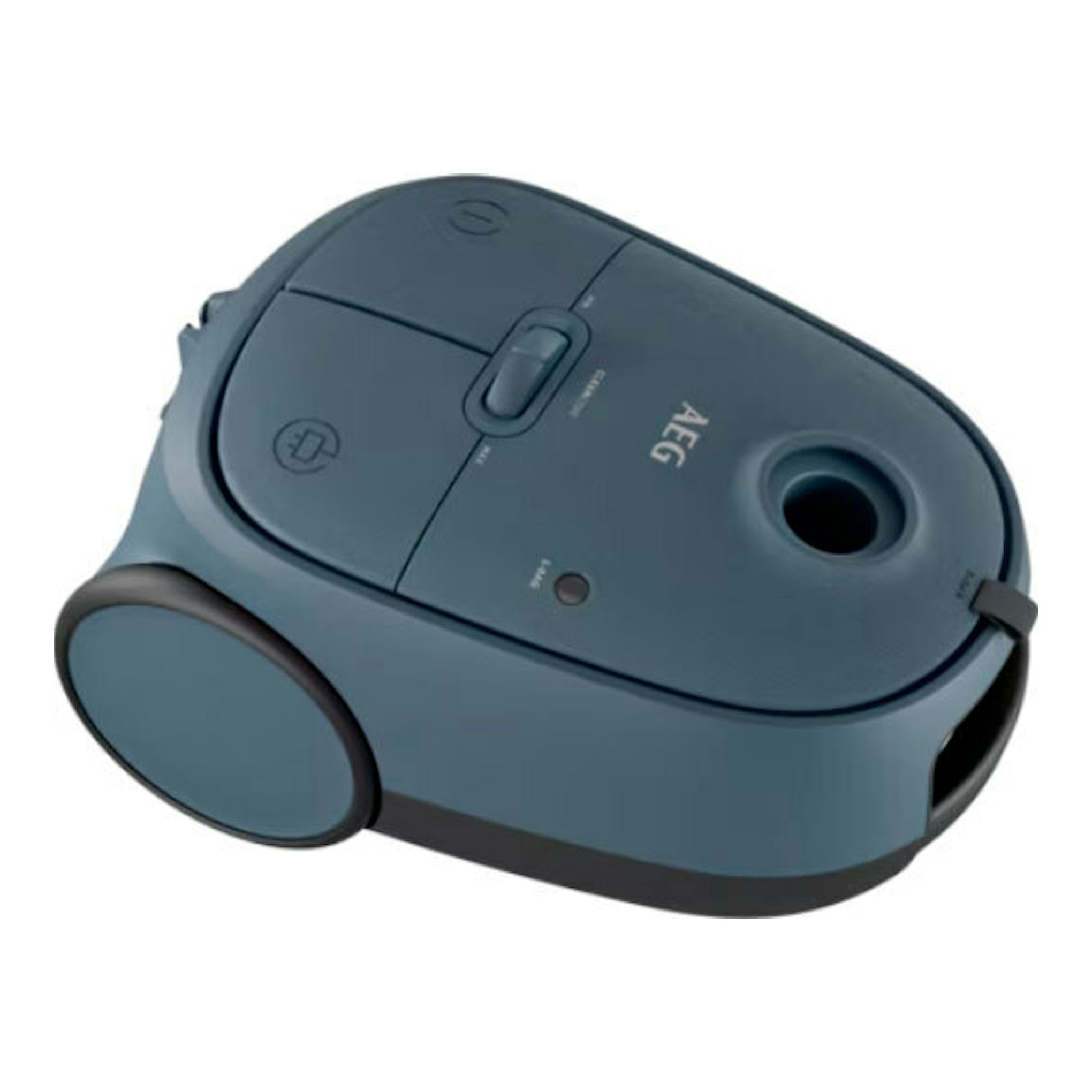 Aspirador AEG AB61C2DB azul oscuro, vista superior en ángulo, con ruedas laterales.