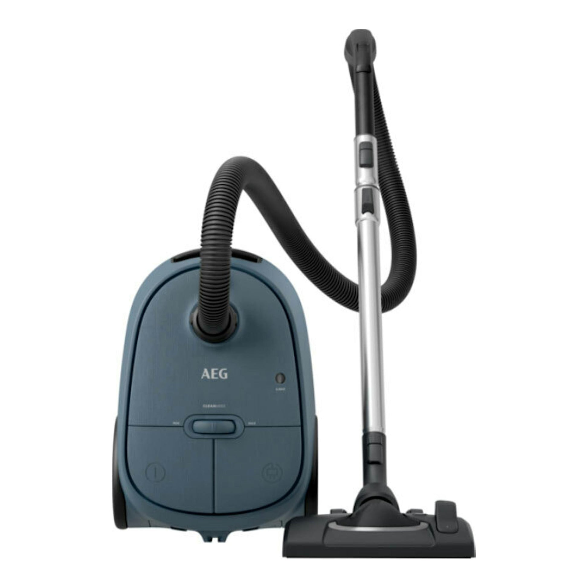 AEG AB61C2DB, aspirador de trineo azul y negro con manguera y cepillo, vista frontal sobre fondo blanco.