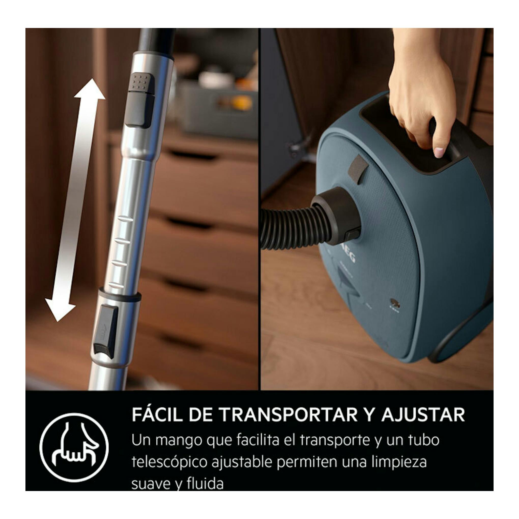 Aspirador AEG AB61C2DB, vista de tubo telescópico metálico y asa de transporte en cuerpo azul.