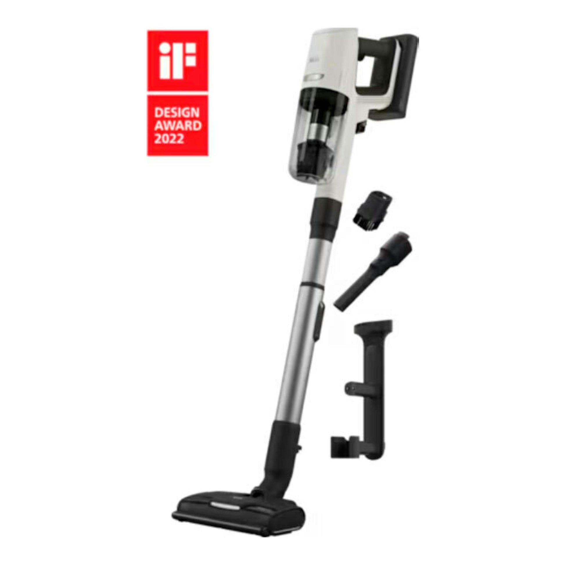 Aspirador escoba AEG AP81UB25SH en gris y negro, con accesorios, vista frontal, junto a sello iF Design Award 2022.