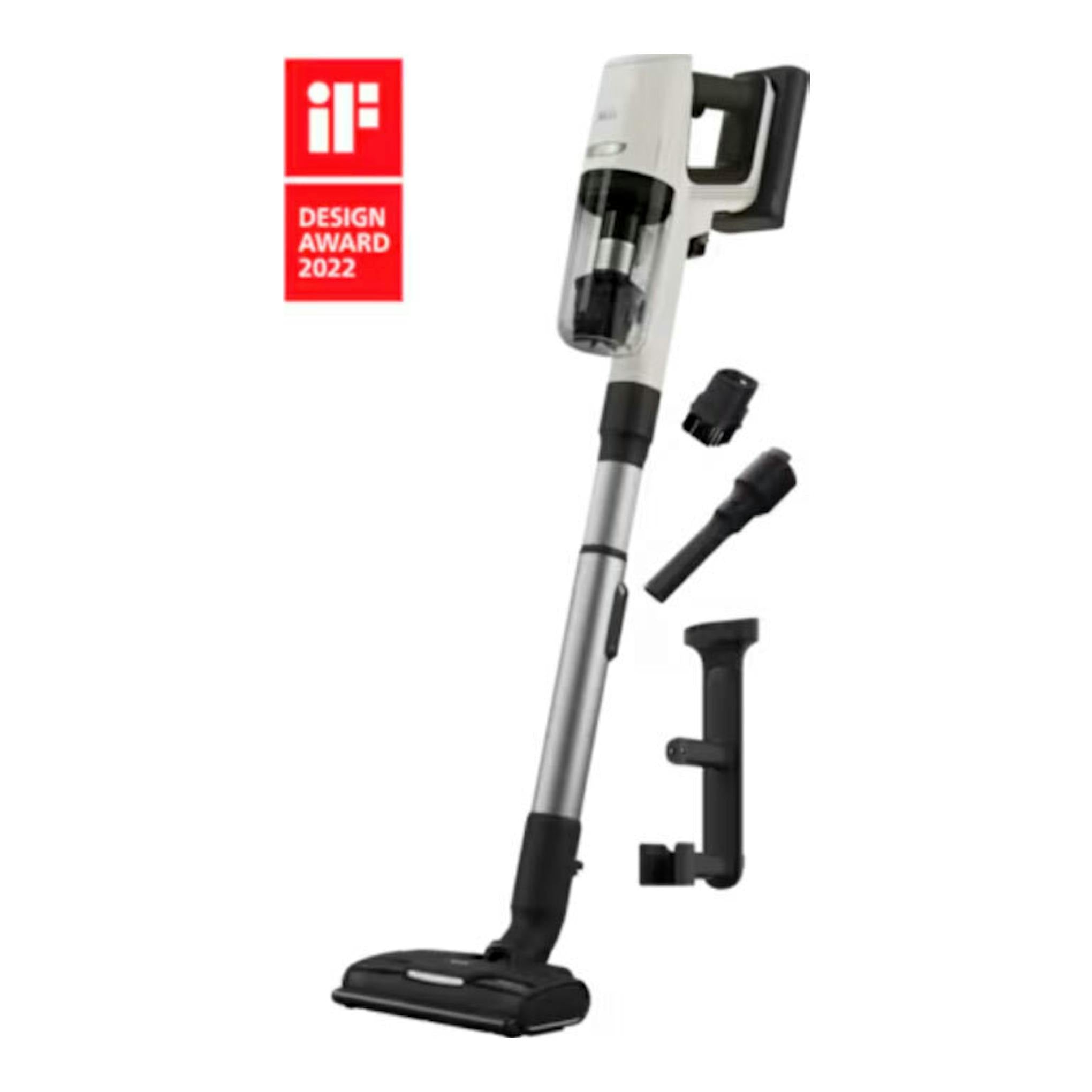 Aspirador escoba AEG AP81UB25SH en gris y negro, con accesorios, vista frontal, junto a sello iF Design Award 2022.