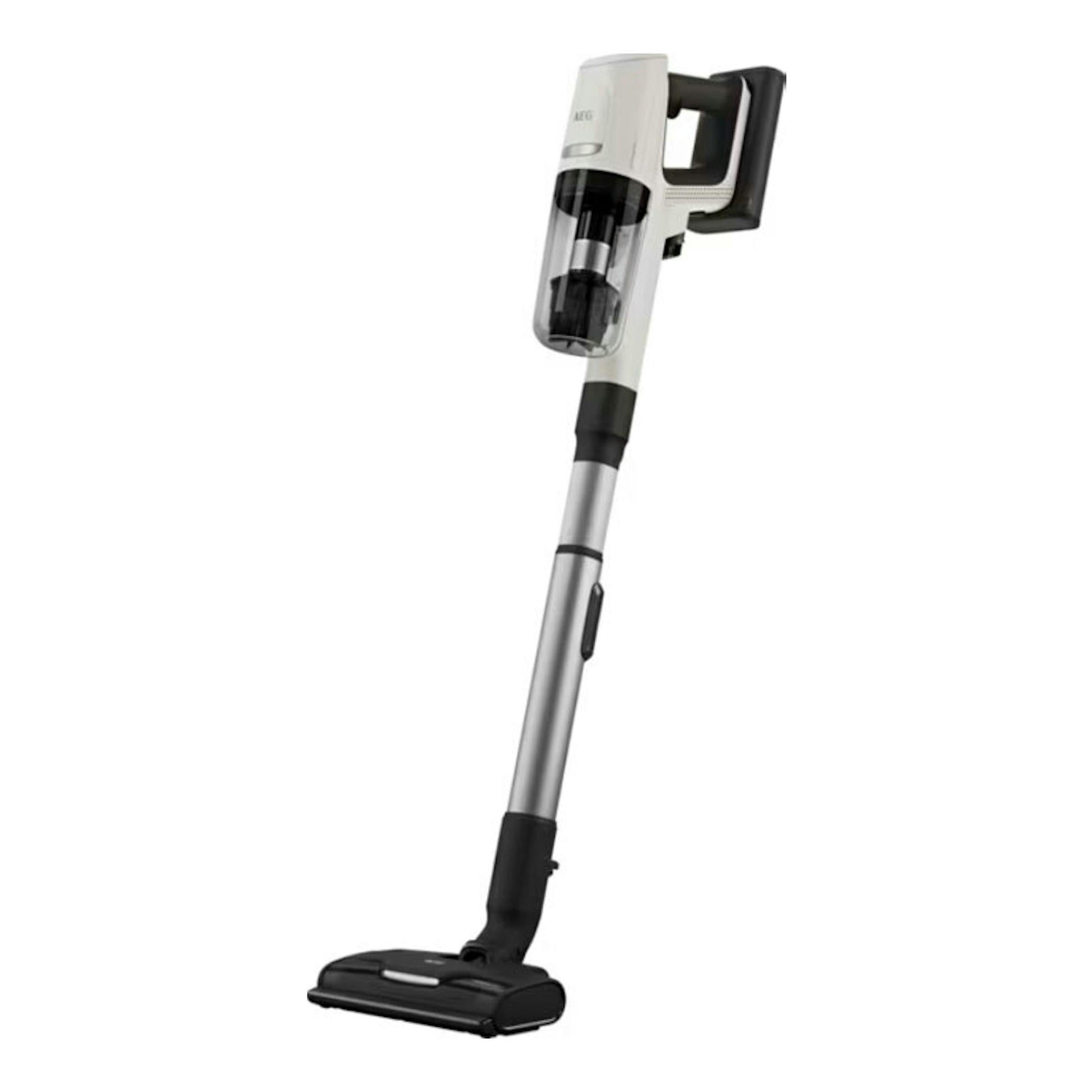Aspirador escoba sin cable AEG AP81UB25SH, vista frontal, blanco y negro con tubo plateado.