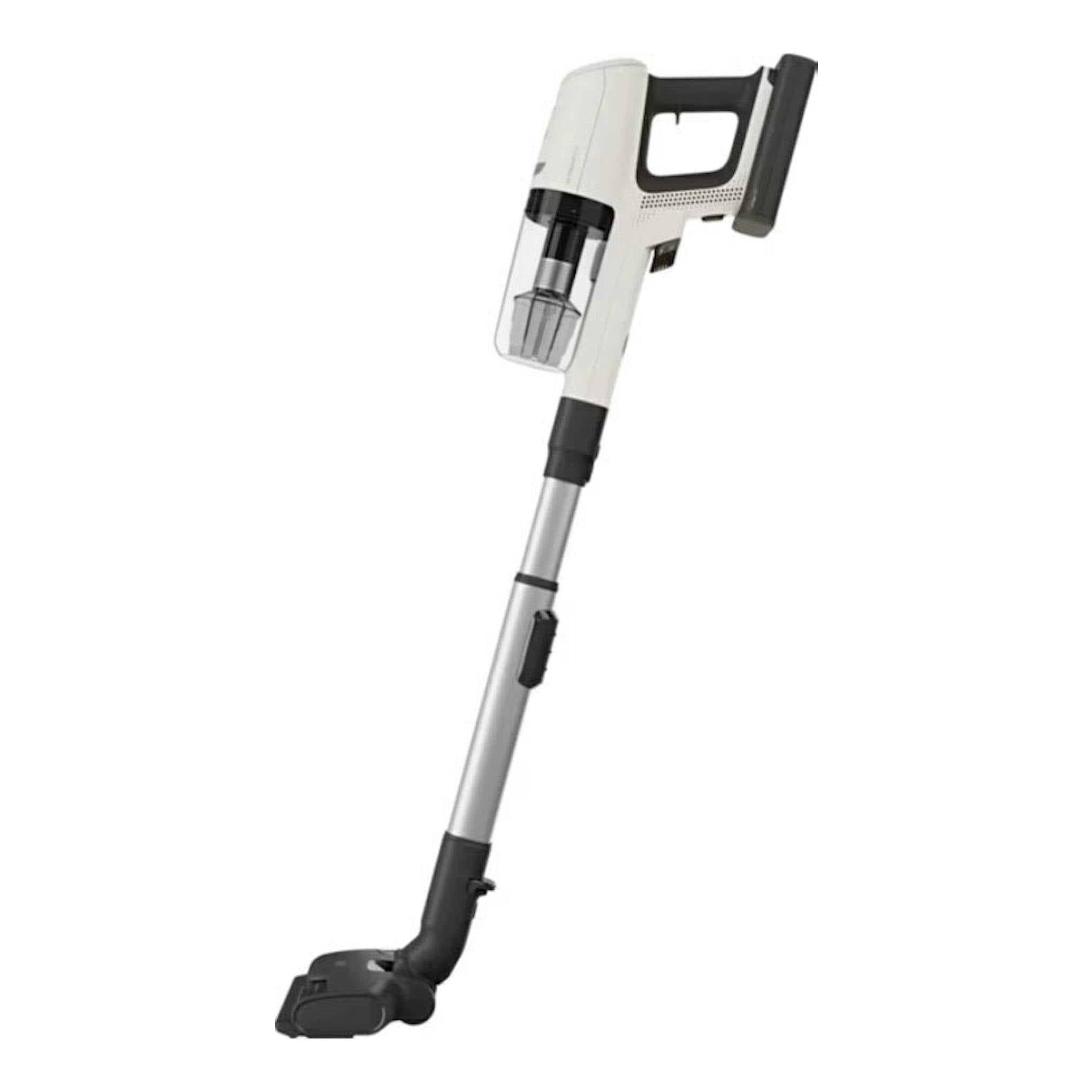 Aspirador escoba AEG AP81UB25SH blanco y negro, vista lateral, con tubo metálico y cepillo inferior.