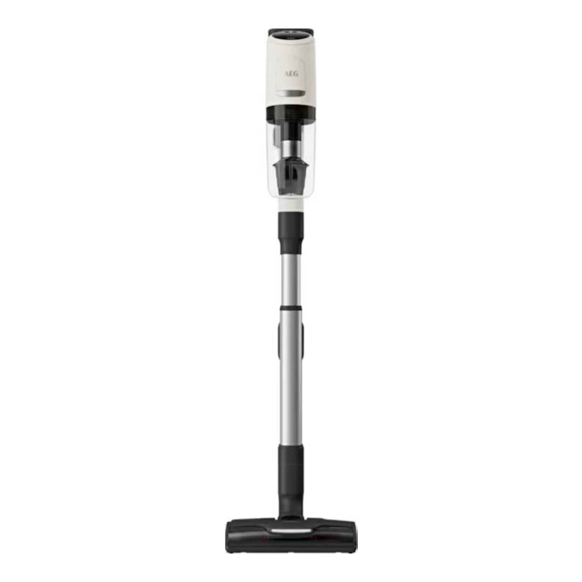 AEG AP81UB25SH, aspirador escoba inalámbrico en vista frontal, blanco y negro, sobre fondo blanco.